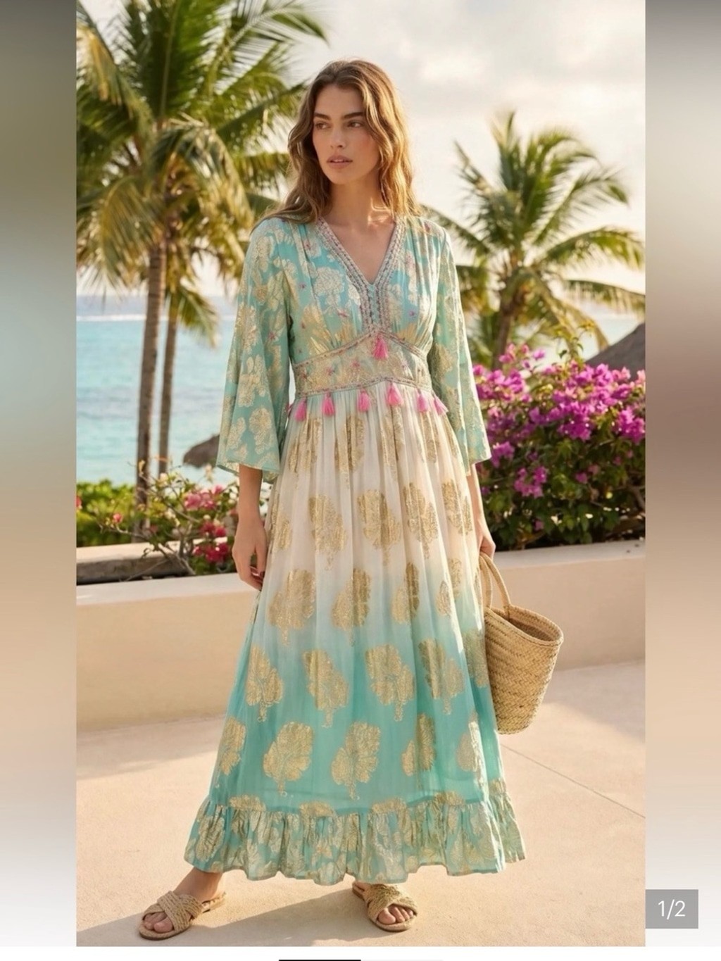 #0180 Turquoise & Cream Maxi Dress with Gold Motif – NWT Made in France