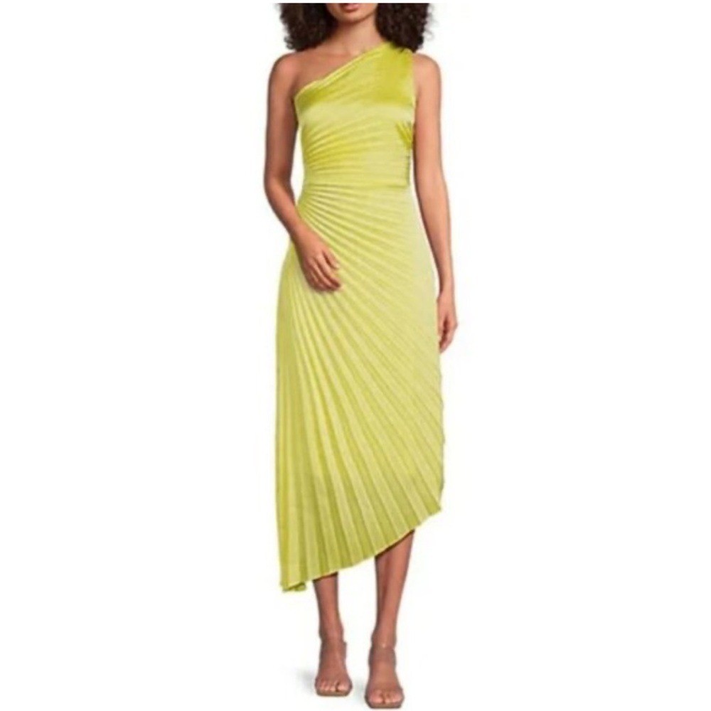 Belle Badgley Mischka Kelsey Pleated One Shoulder Yellow Dress 8 NWT