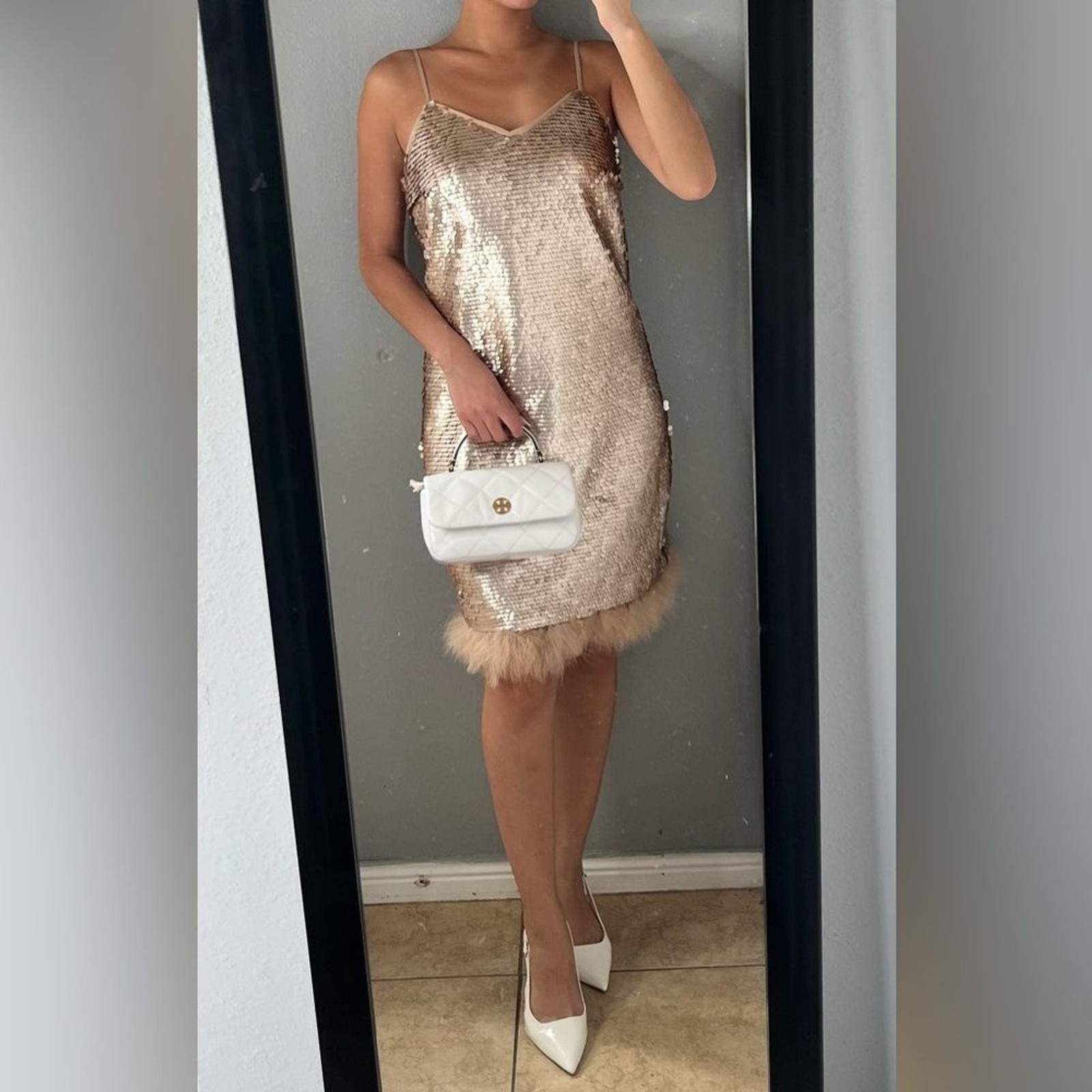 NWT CeCe gold sparkly Sequin Feather Trim sheath Dress 6 Party Glam night out