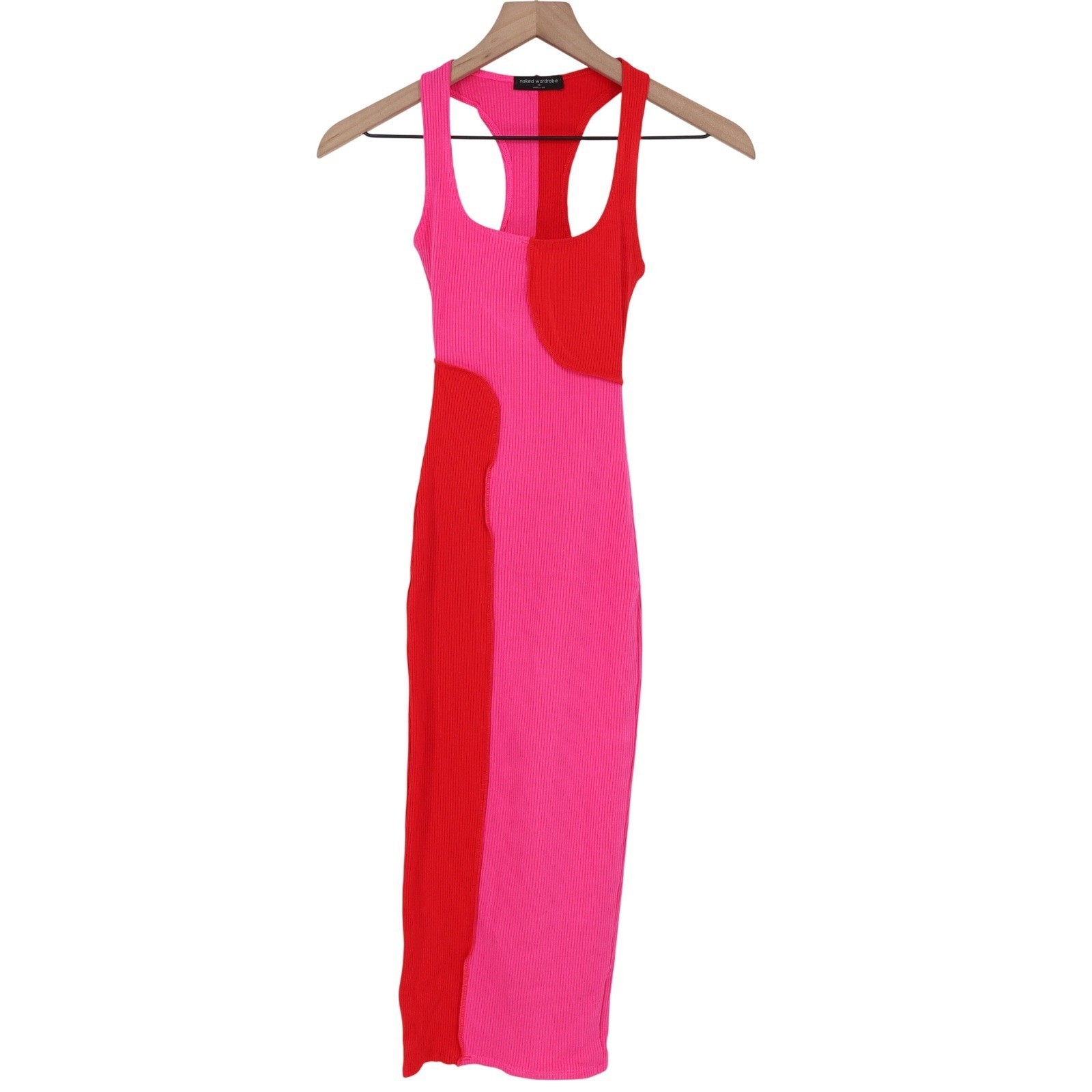 Naked Wardrobe Pink Red Colorblock Ribbed Midi Bodycon Dress Womens L