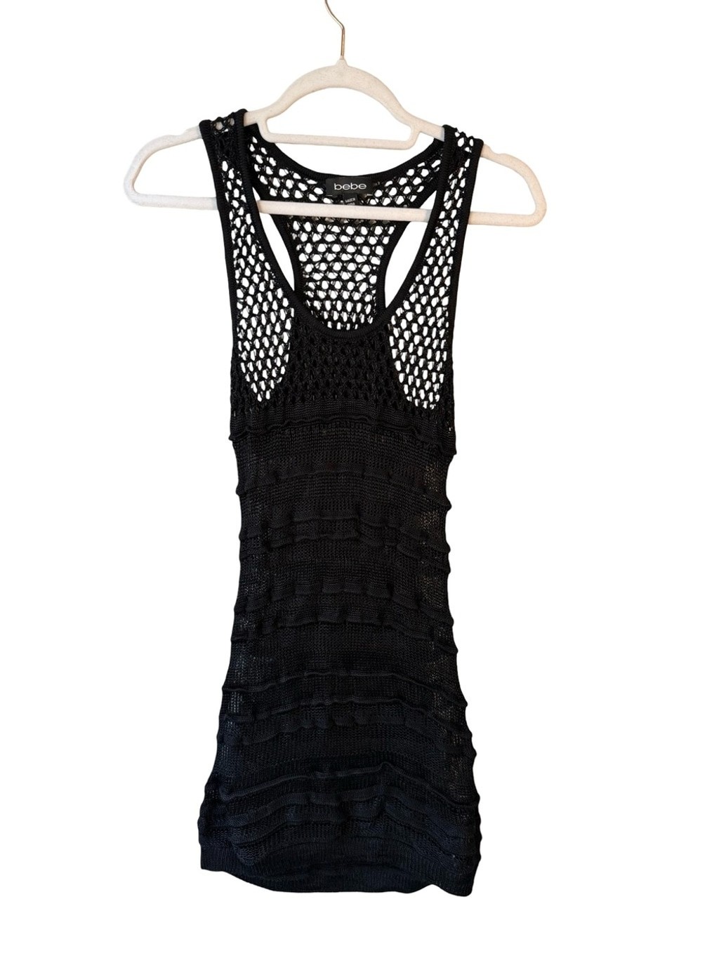 bebe Black Open-Knit Crochet Mini Tank Dress Cover Up Size S Y2K Boho Beach
