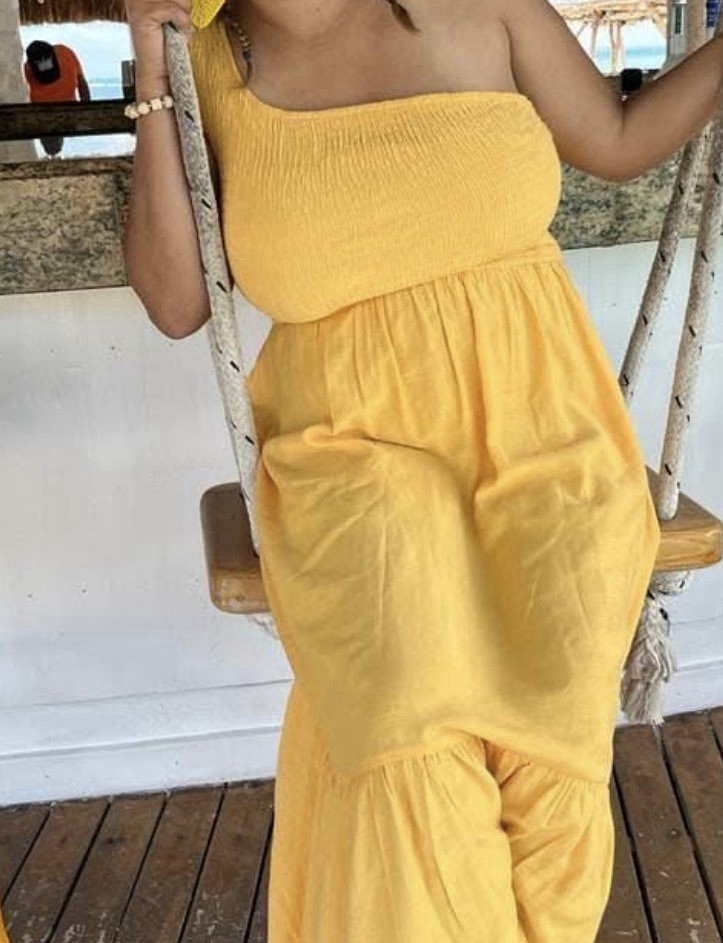 Nine West Plus Size One-Shoulder Smocked Maxi Liquid Gold Dress NWT Large