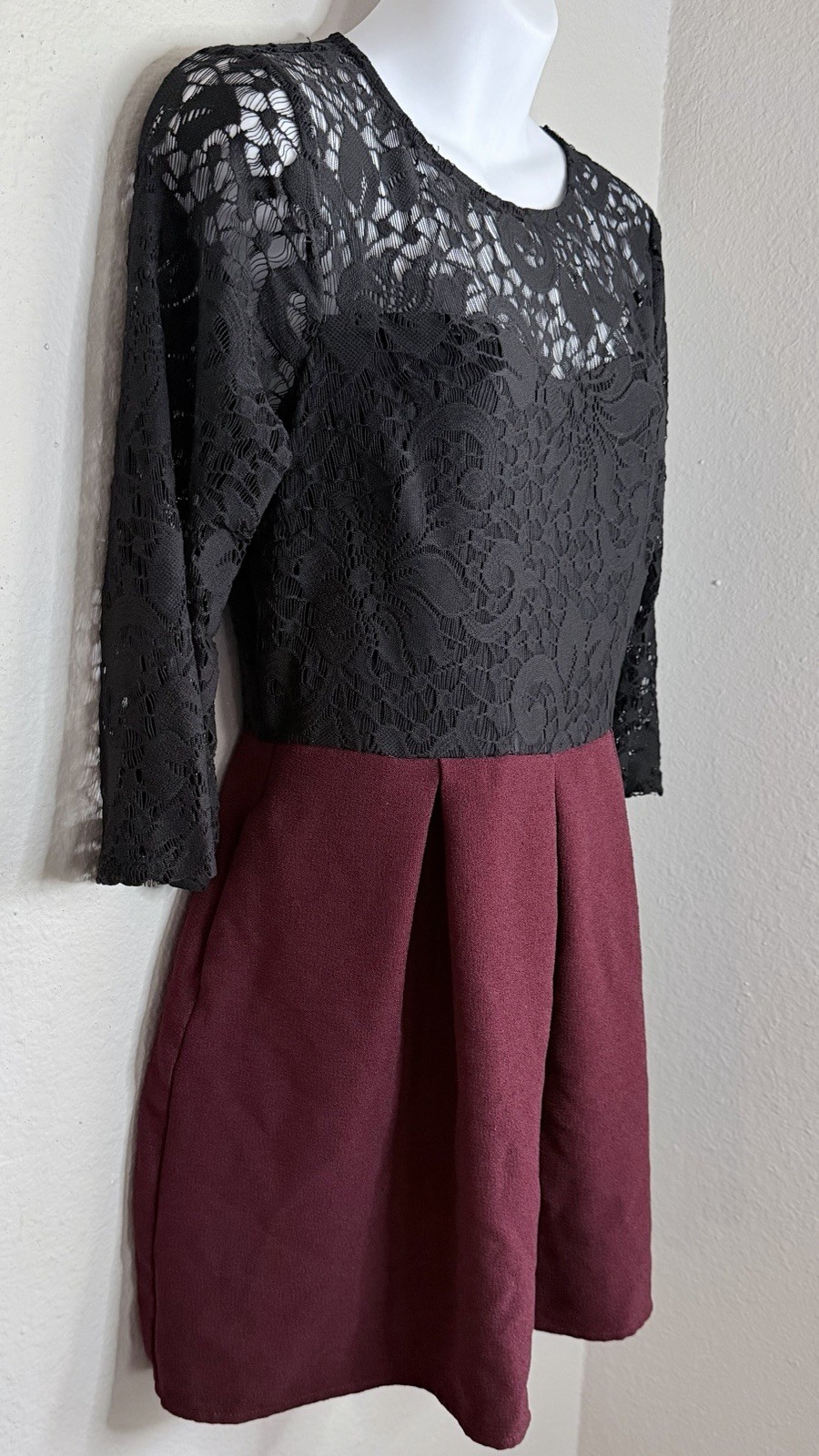 Speechless Black Lace Maroon Pleated Fit Flare Dress L Fits M