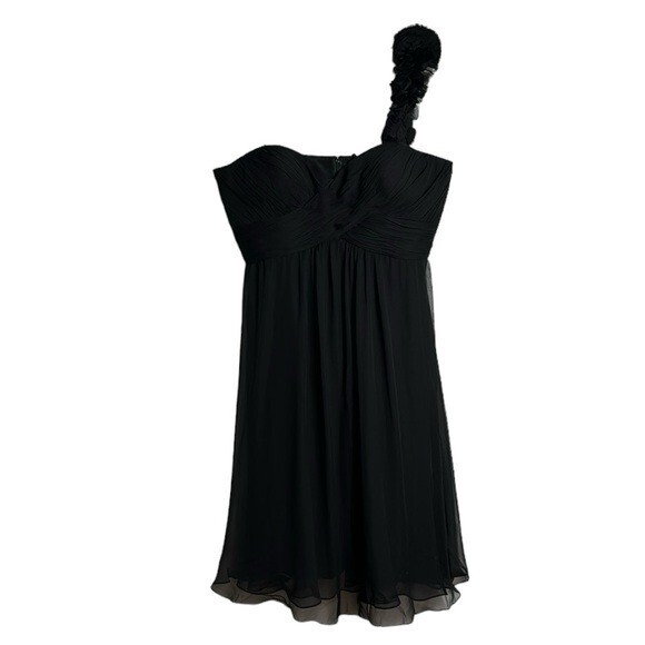 Rickie Freeman for Teri Jon Black 100% Silk 90s Y2K Rosette Strap Mini Dress 14