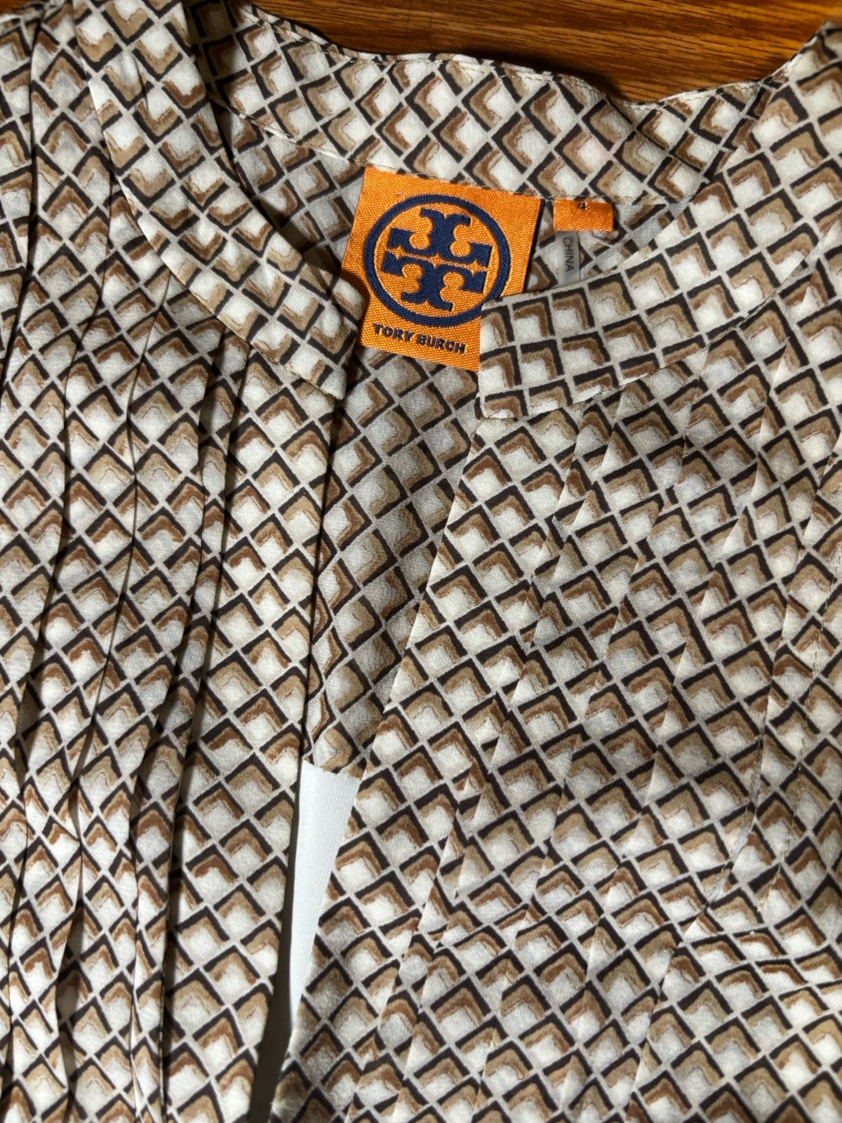 Tory Burch White/Brown Geometric Wrap Dress V-Neck Long Sleeve Belted 4