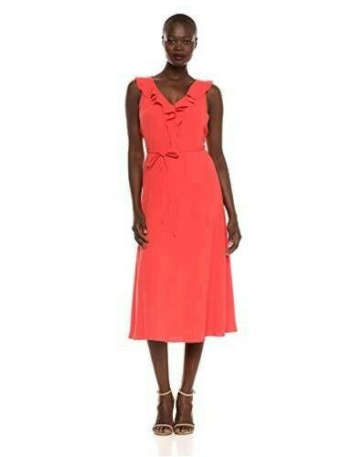 NEW Nine West Womens Size 4 Orange Papaya Dress w/V-Neck Ruffels
