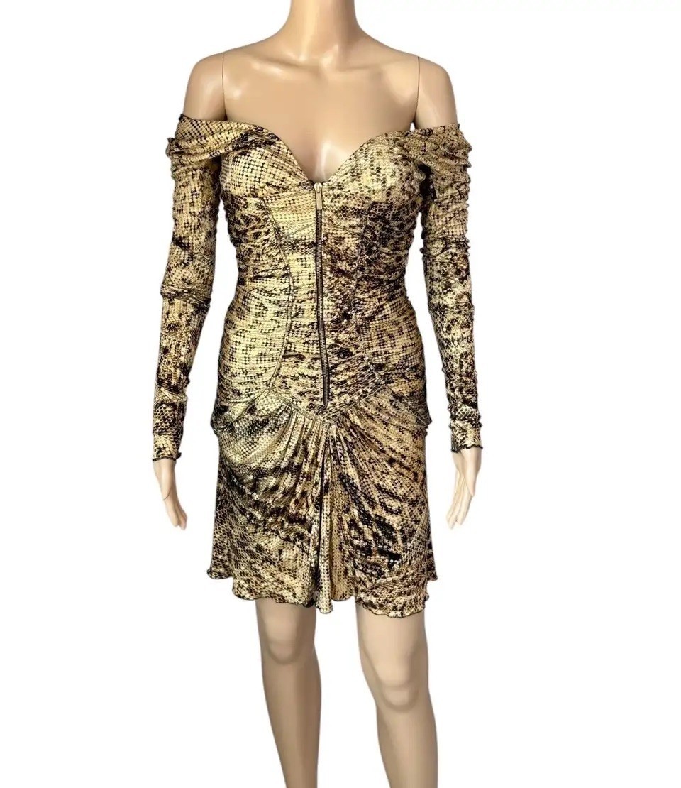 Roberto Cavalli F/W 2003 Runway Plunging Bustier Ruched Zipper Metallic Dress