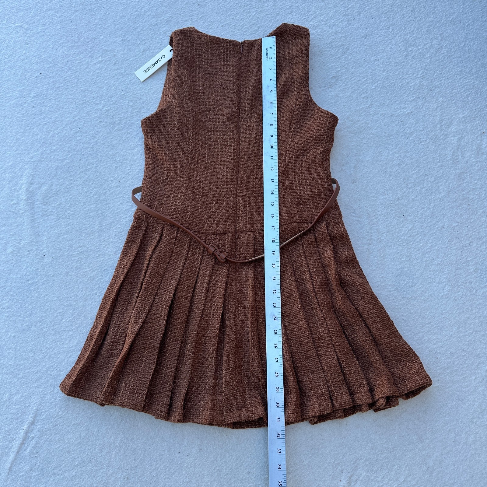 Commense Brown Textured Boucle Mini Dress Pleated Skirt Sleeveless Medium