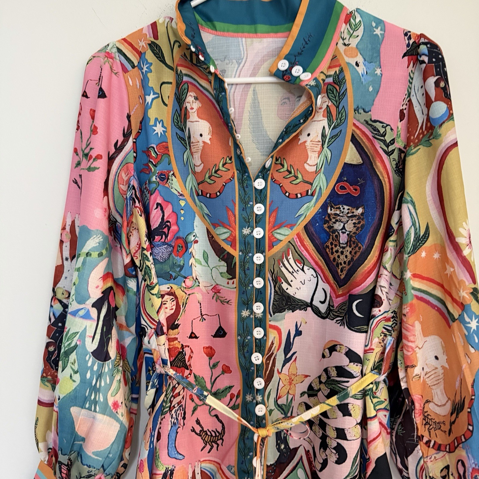 Multicolor Graphic Print Cotton Mini A-Line Long Sleeve Button Front Dress S/M