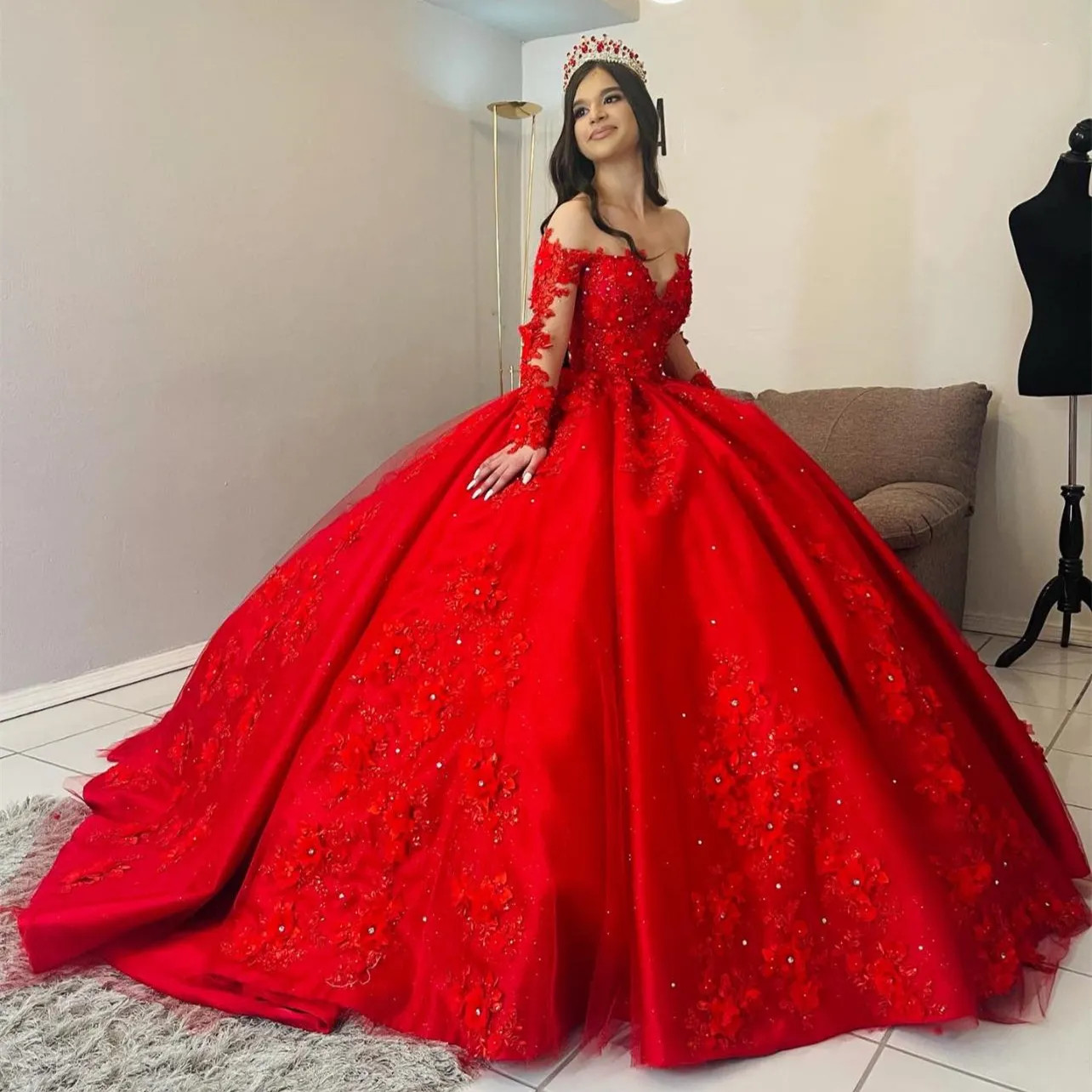 Red Long Sleeved Quinceanera Dress 3D Flower Decal Crystal Bead Satin Ball Gown