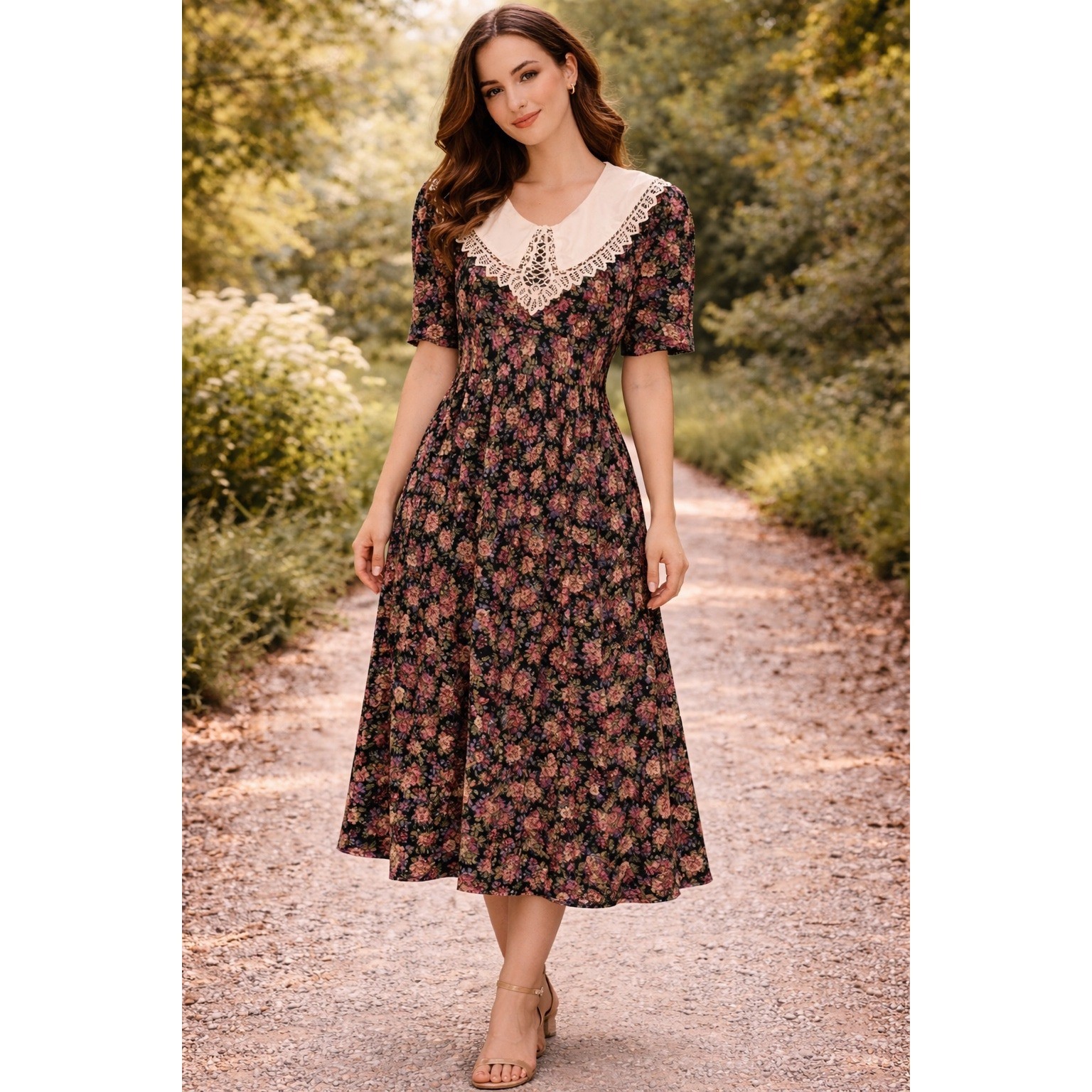 Floral Prairie Dress Lace Collar Vintage Style Cottagecore Midi Large