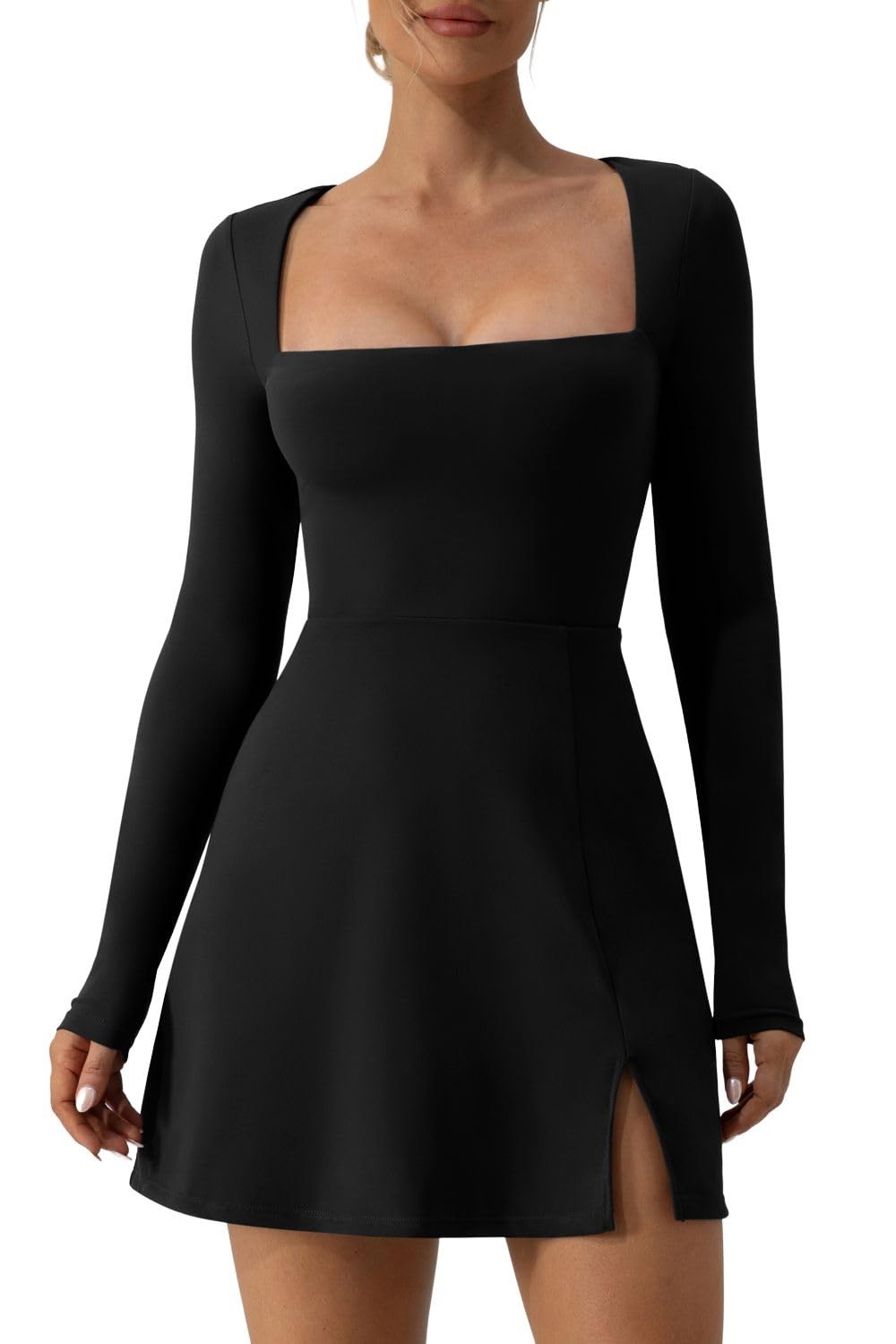 QINSEN Woman’s Solid Black Mini Dress Long Sleeve Square Neck Stretch Flare