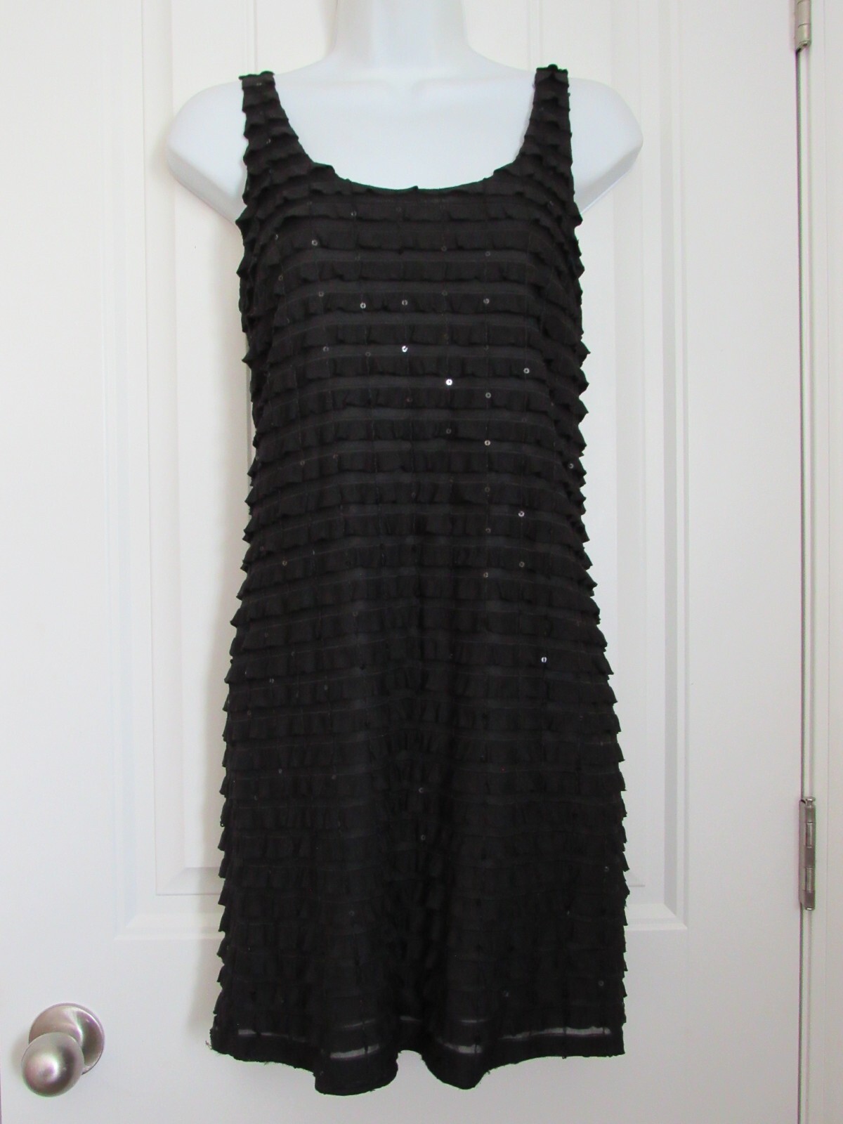 Gibson ~ Sleeveless Scoop Neck Black Ruffle Sequin Short Dress ~ M