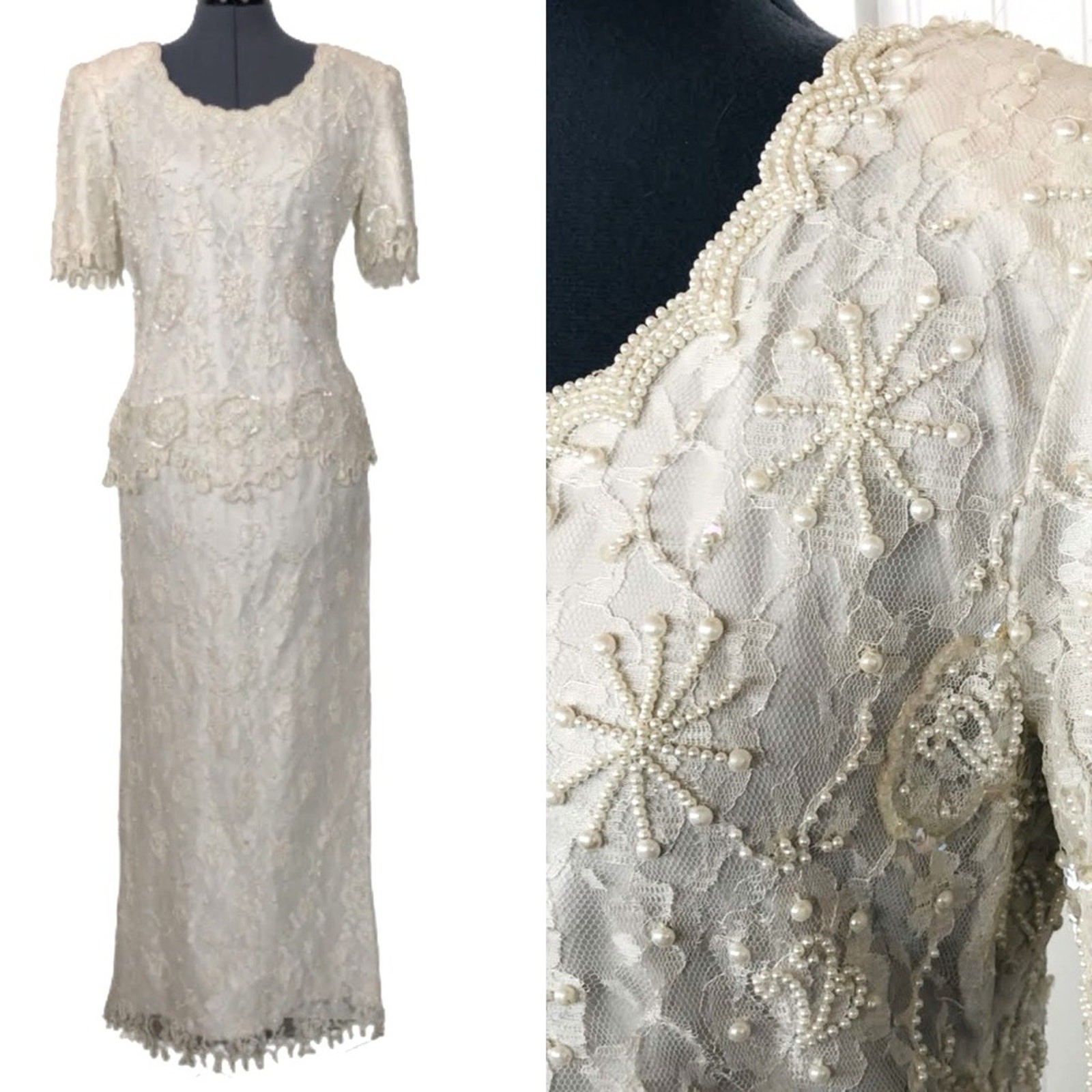 Vintage White Beaded Lace Formal Gown Pearls Sequins Elegant Tiered Floor Length
