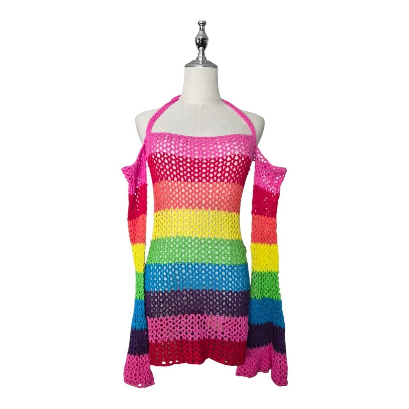 Dolls Kill Club Exx Rainbow Crochet Mini Dress Halter Cold Shoulder Festival NWT