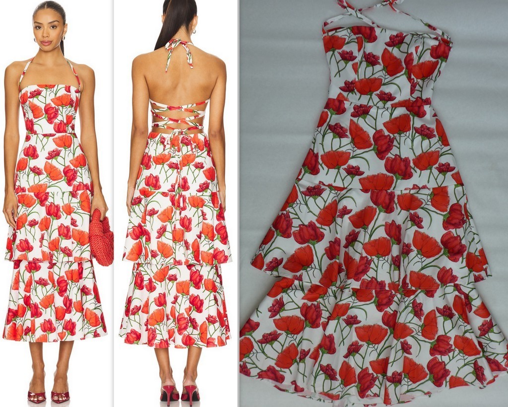 MILLY $475 Women’s 10 Open Cross Back Red Peonia Poplin tiered Midi Dress