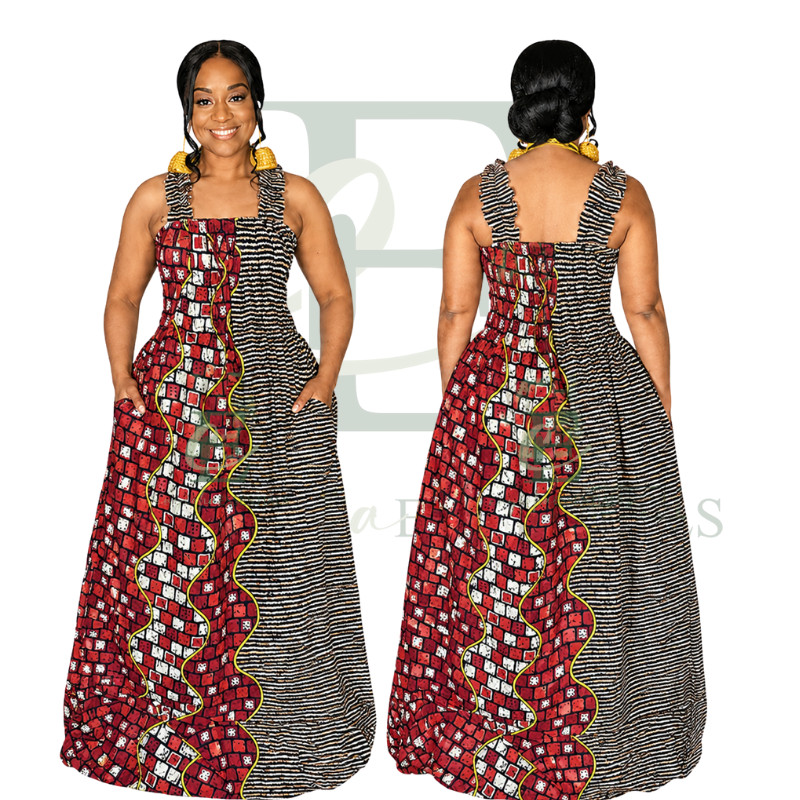 Geometric Print Maxi Dress with Ruffle Straps | One Size (S–XL)