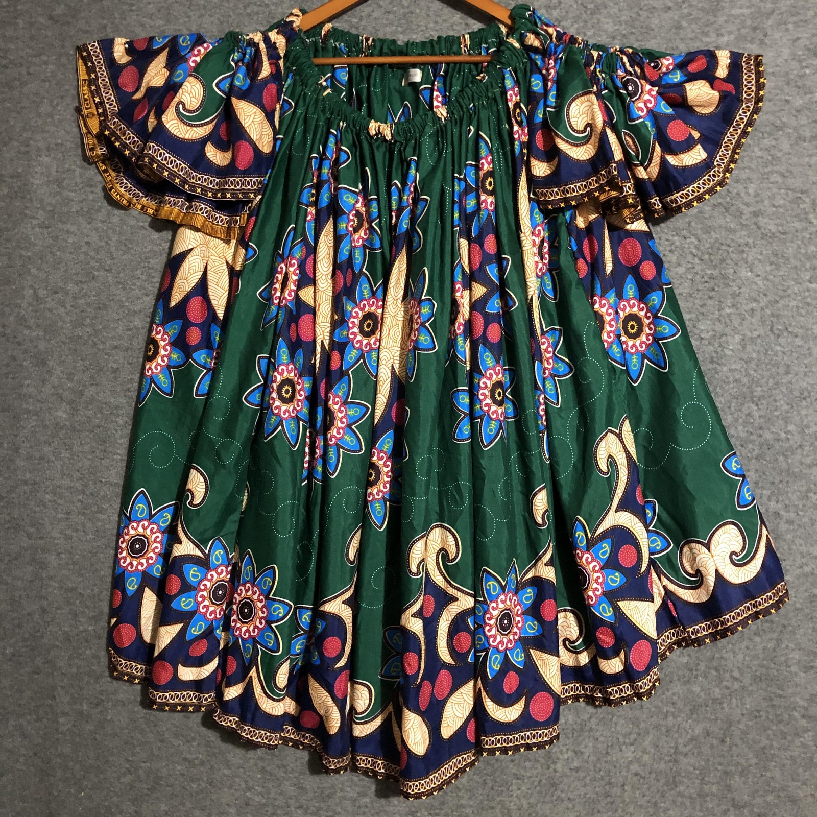 Grass-Fields Dress Womens Plus Size 22 Green Blue African Wax Print Off Shoulder