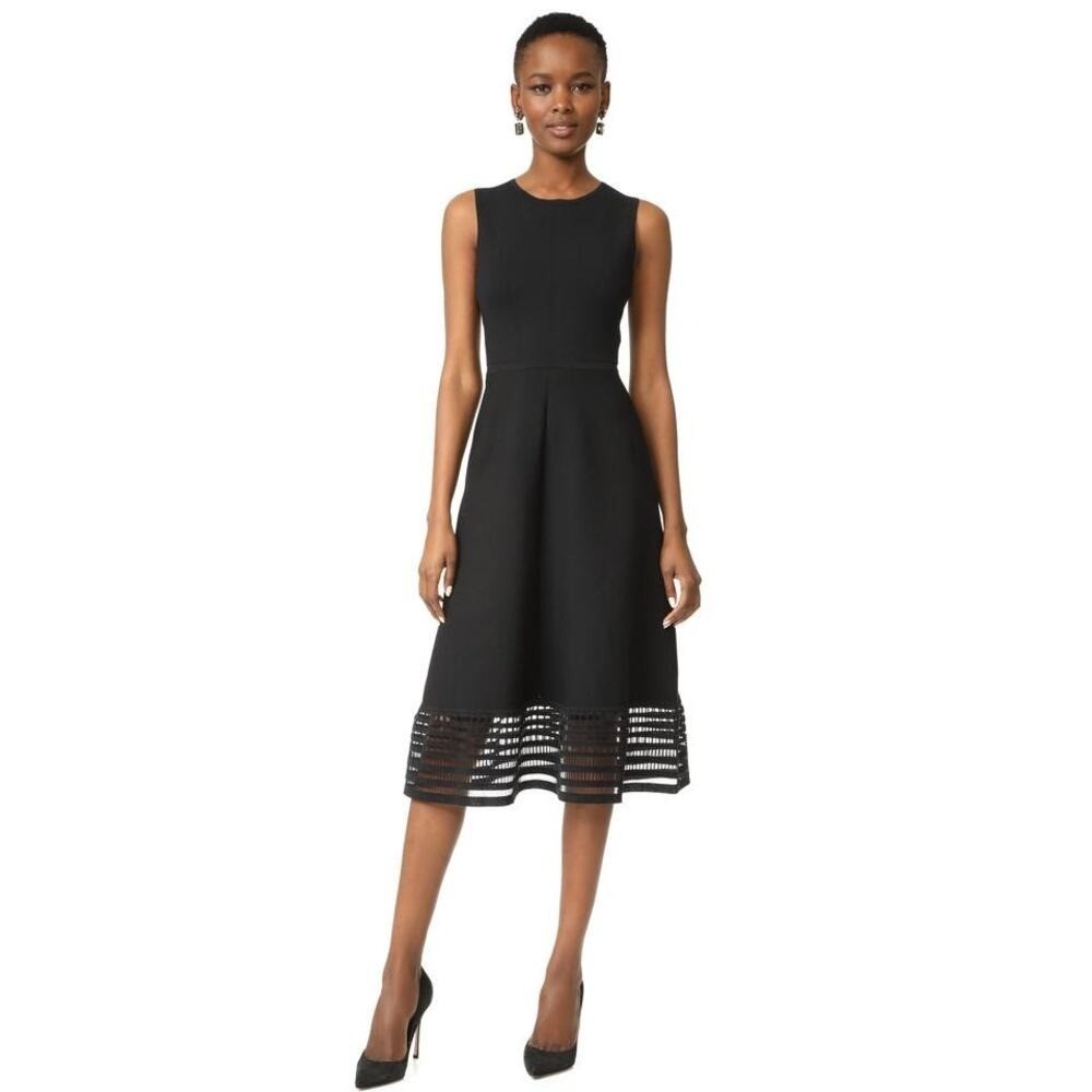 Lela Rose Knit Dress M Black Lattice Cut Out Lace Hem Sleeveless Midi
