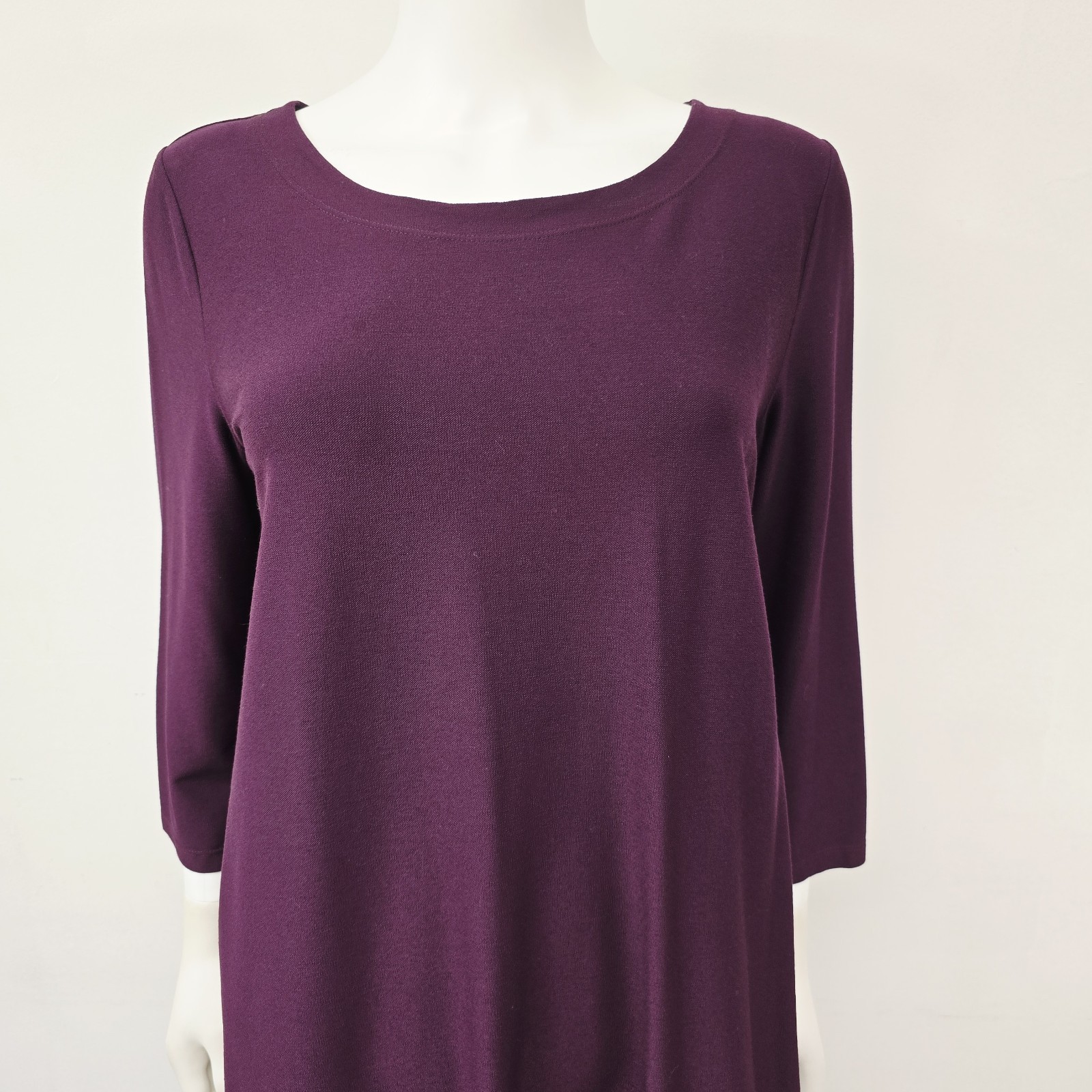 Eileen Fisher Shift Dress Size M Crepe Eggplant Purple 3/4 Sleeve Layering USA