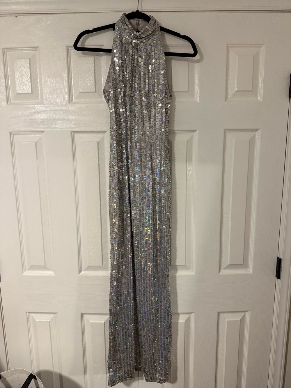 Vintage Papell Boutique Evening Silver Sequin Halter Gown Size 4 Formal Dress