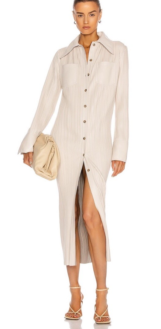 Nanushka Lee Pleated Vegan Leather Shirt Midi Dress Cream XS Made Italy