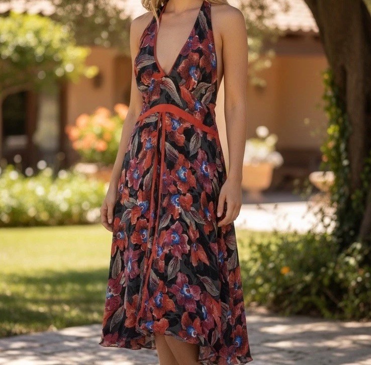 DHARMA Small Trading Floral MIDI Halter Dress Silk Blend Lightweight Unlined NWT