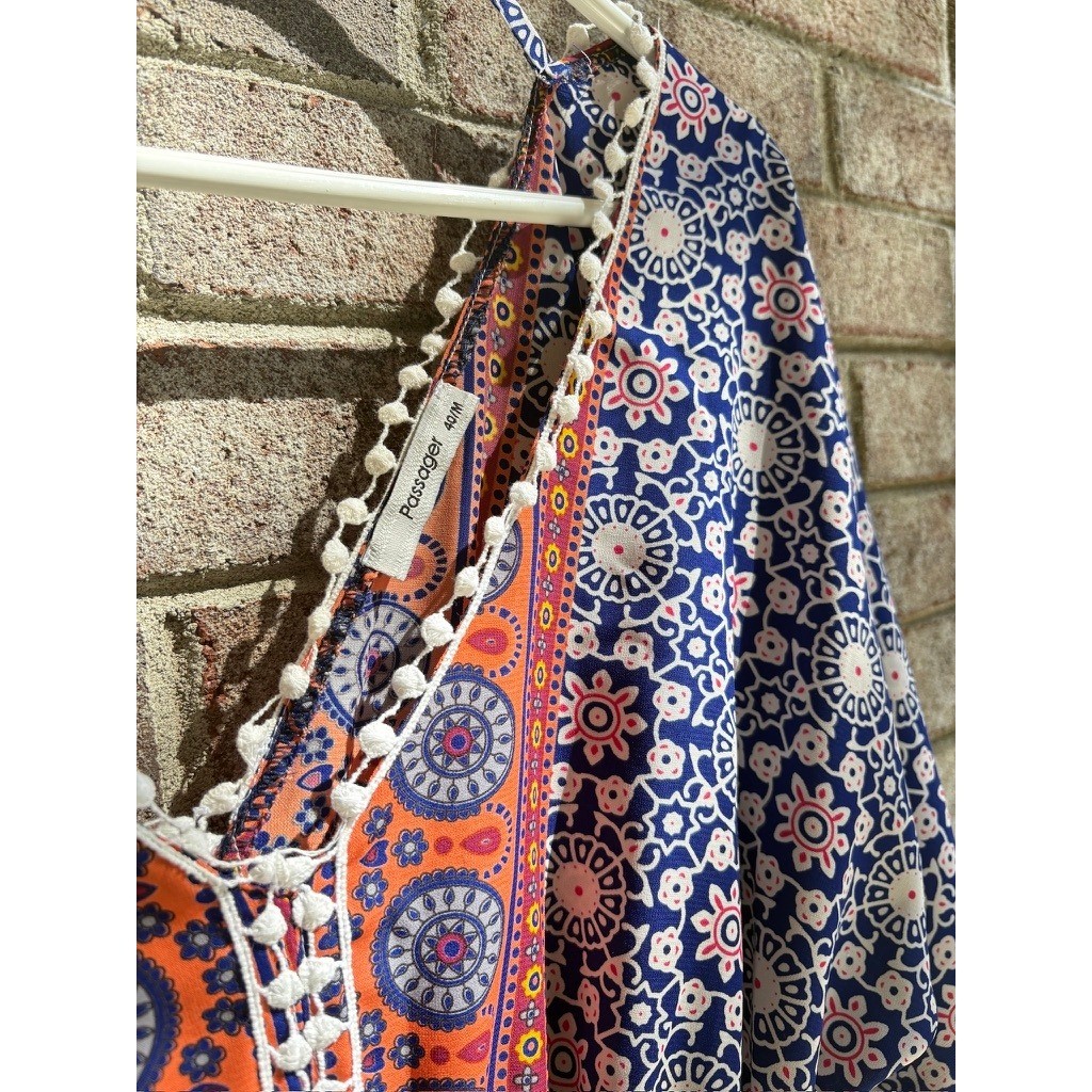 Passager Boho Beach Cover Up Dress EU 40 M Medallion Print Pom Trim
