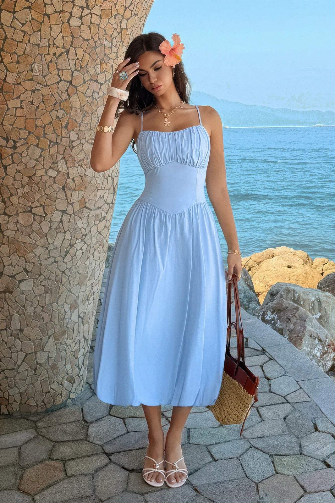 Women’s Square Neck Sleeveless Ruched Bust A-Line Midi Dress Open Back