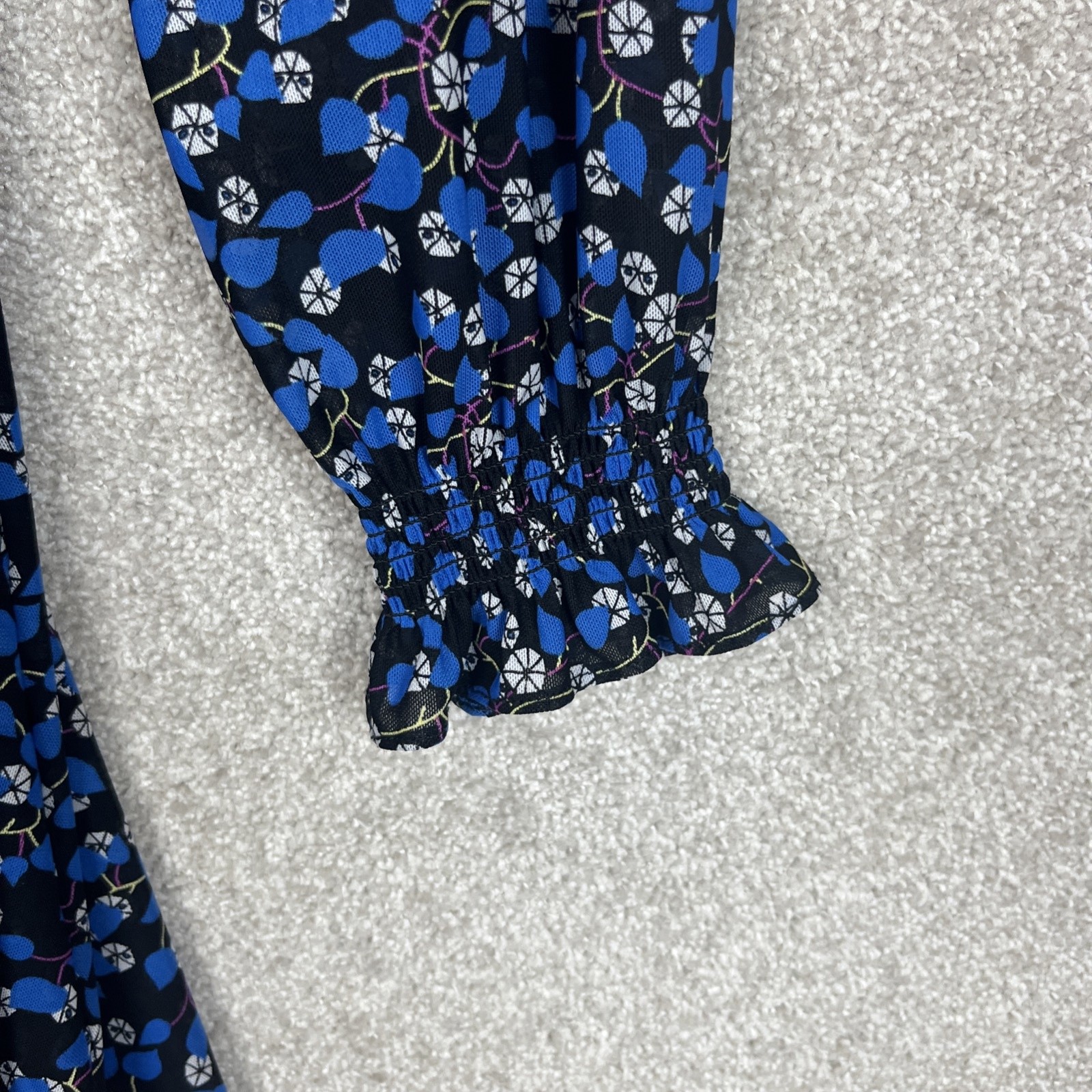 Cabi Dress Womens Small Blue Black Floral Long Sleeve Ruched Boho Fall- 3591