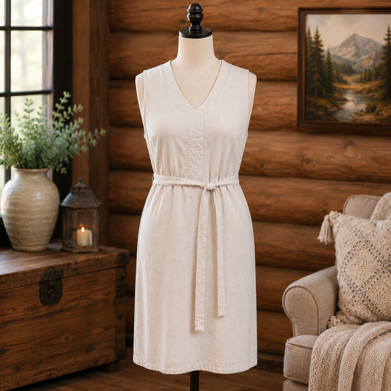 Liz Claiborne A-Line Linen Cotton Dress Oatmeal Pockets Size Medium