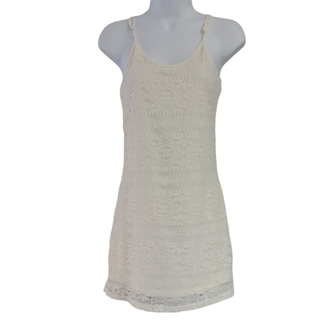 Love Fire Women Strappy Lace Overlay Mini Dress Cream XS Adj Lined Scoop Neck