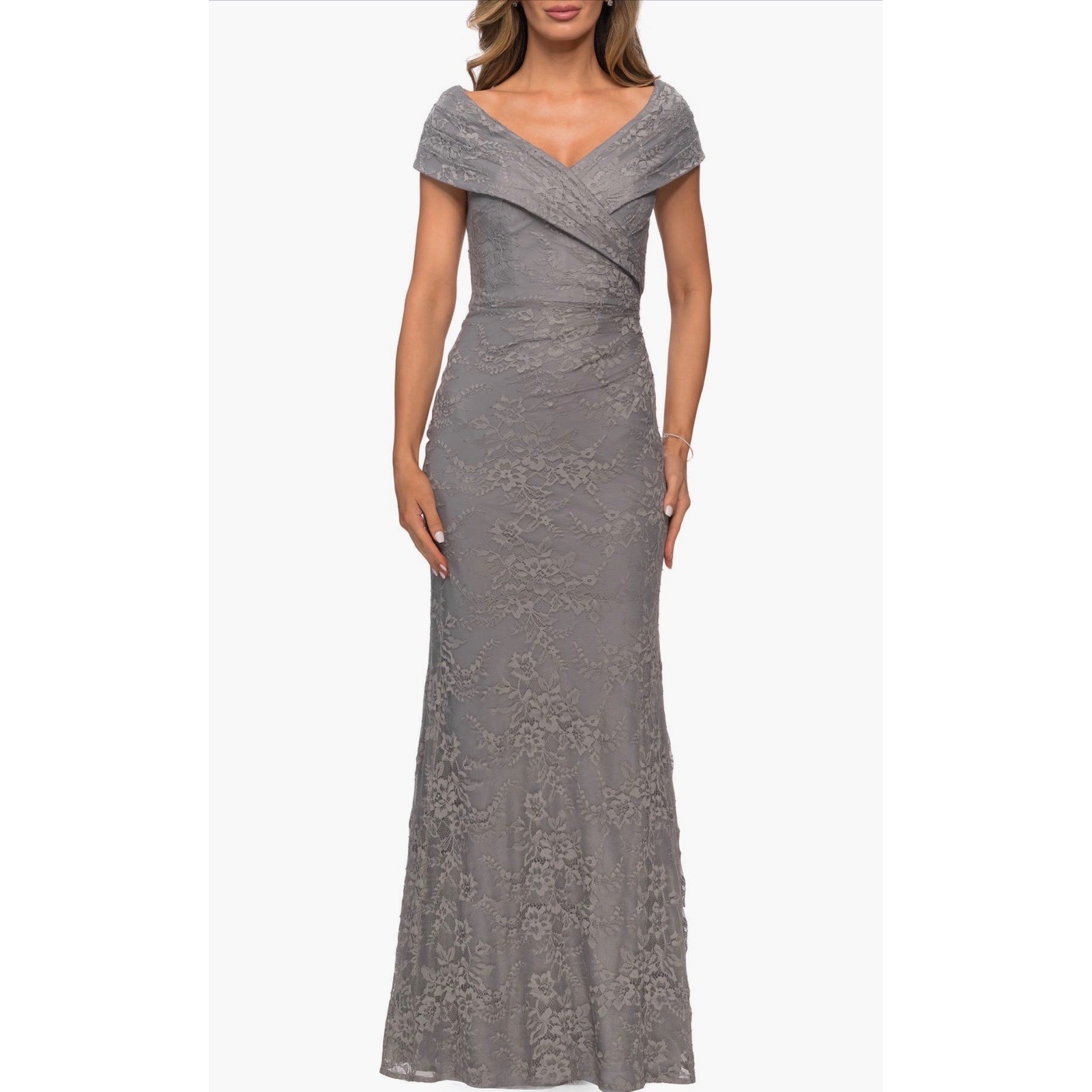 La Femme 27982 Platinum Lace Off Shoulder Gown Size 16 NWOT