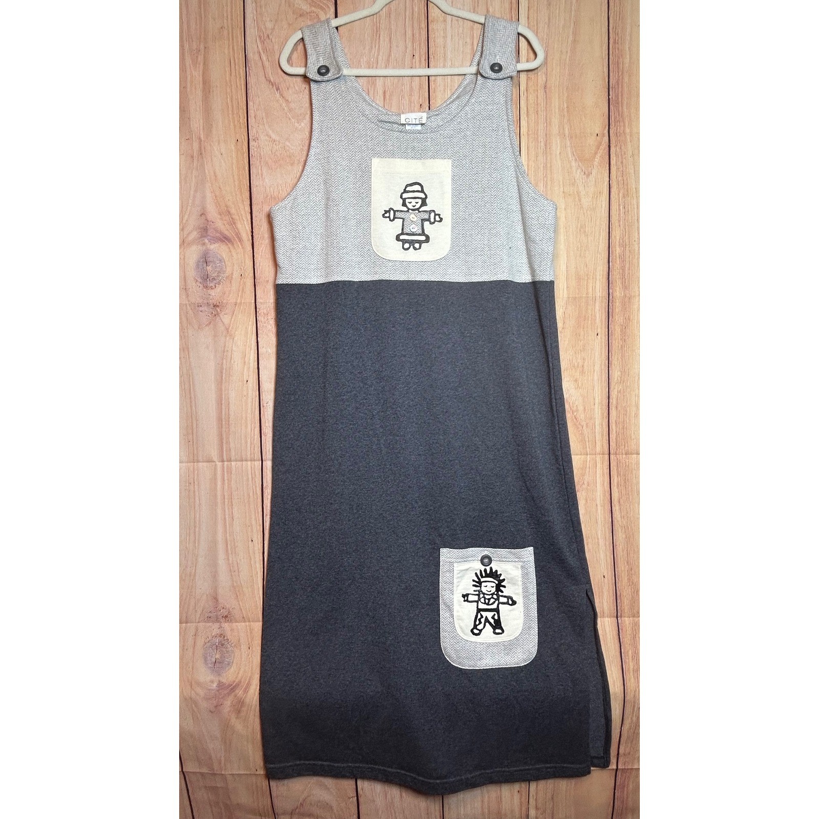 Cite Jumper Dress Womens Medium Grey Herringbone Character Pockets Lagenlook Art