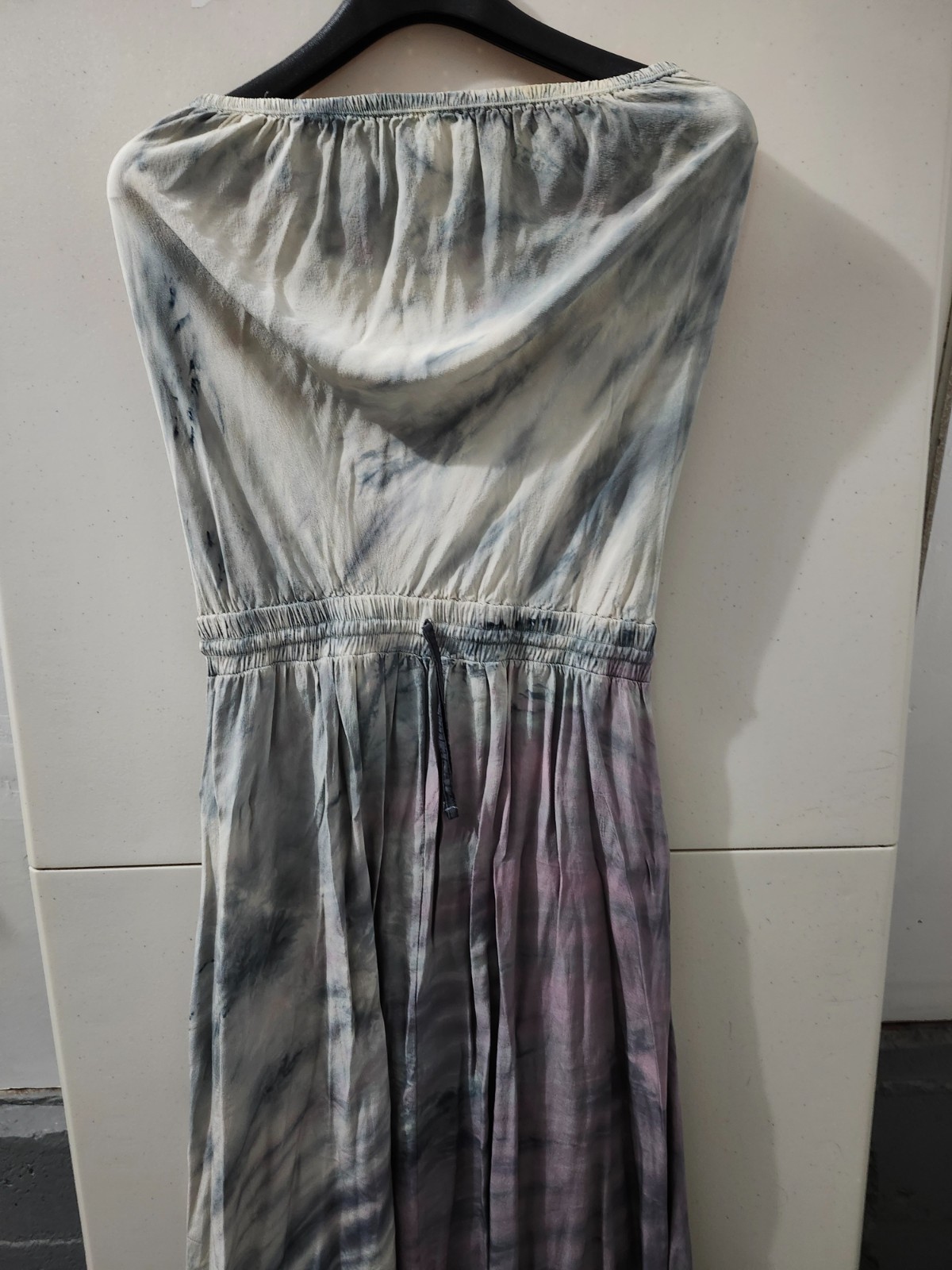 Gypsy 05 Dress Womens S Gray Maxi Tube 100% Silk Waist Tie Ombre Watercolor Boho