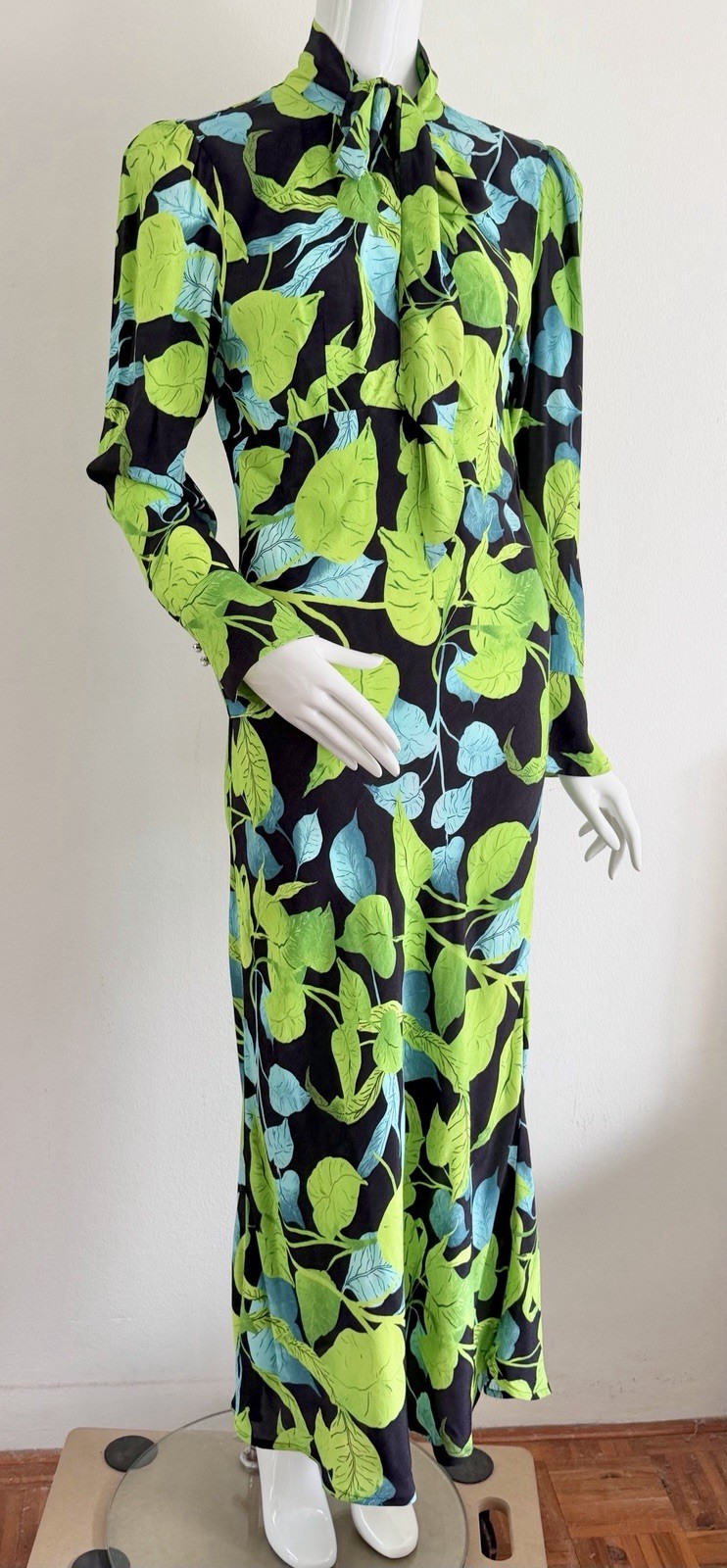 Husk Maxi Dress Green Black Leaf Rare Print Long Sleeve Pussy Bow Size AU 8 S
