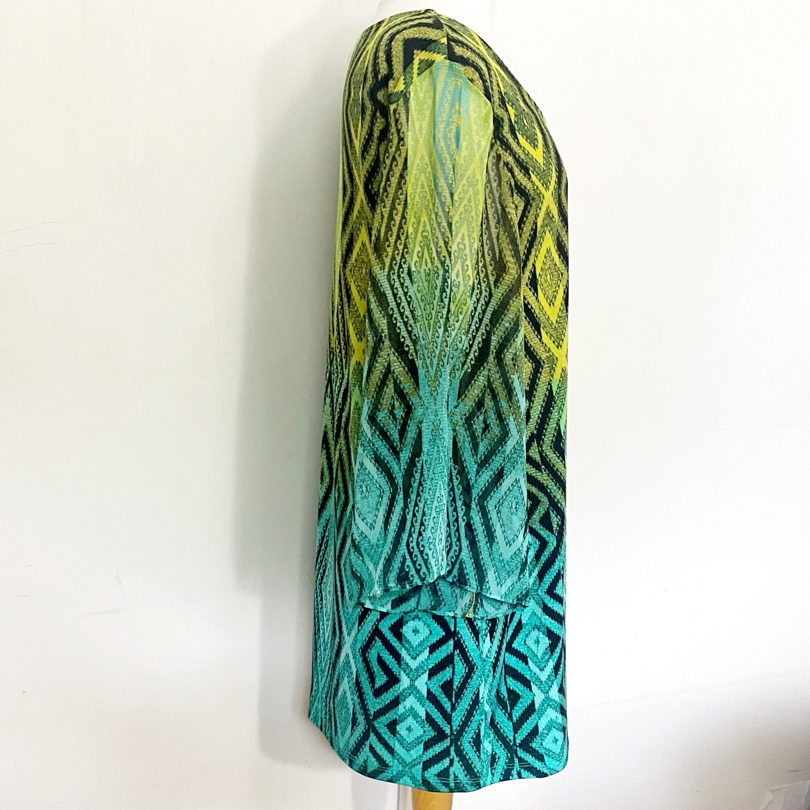Style & Co. Green Ombre Geometric Print Opaque Body, Sheer Sleeves Dress L
