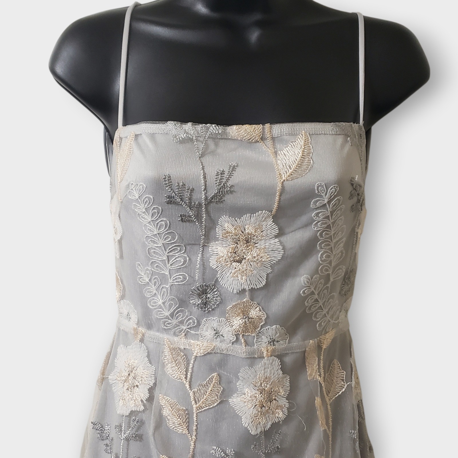 Lucy in the Sky Floral Embroidered Mesh Mini Dress Silver Grey Strappy Back S