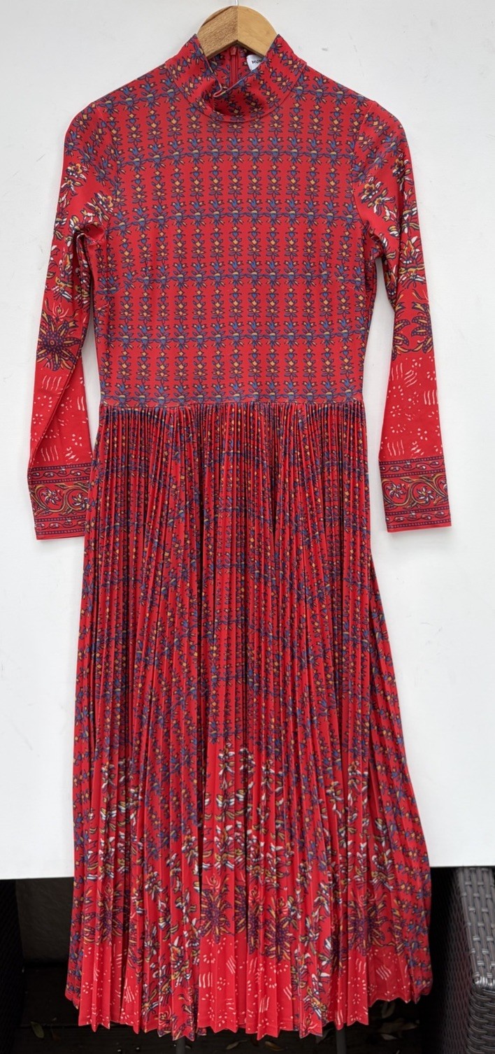 Hunter Bell Sabine Dress Medium Red Pleated Maxi Geometric Print