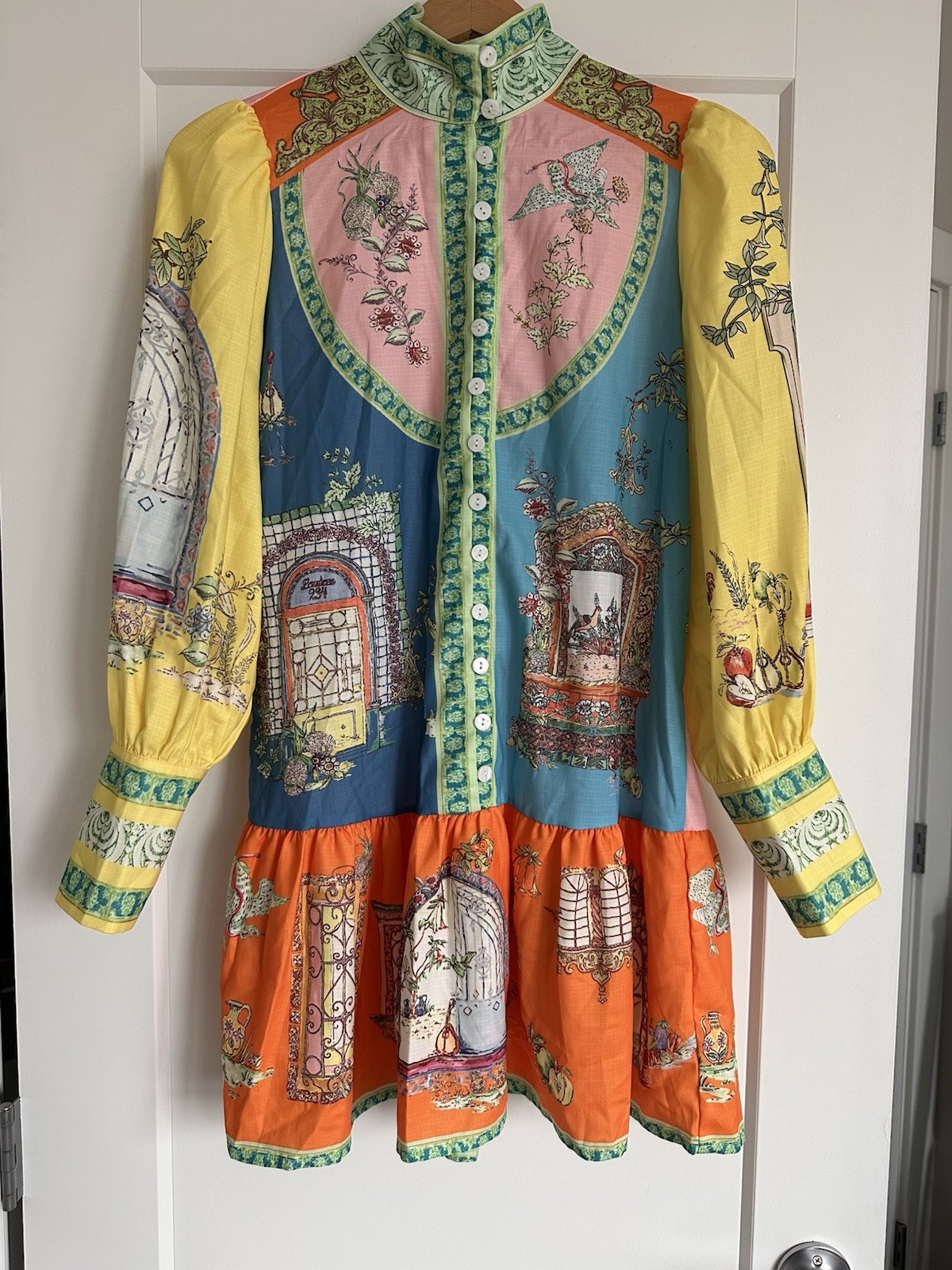 Eclectic Whimsical Botanical and Architectural Motifs Mini Dress Linen Blend NWT