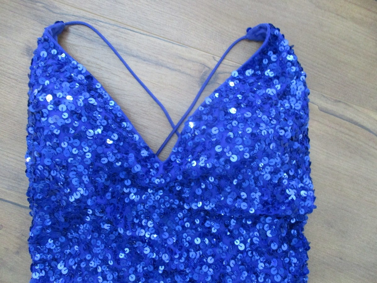 EYE CATCHING! “PRIMAVERA” BLUE SEQUIN DRESS SZ 10~TIE BACK~Prom Party Dance-LN!