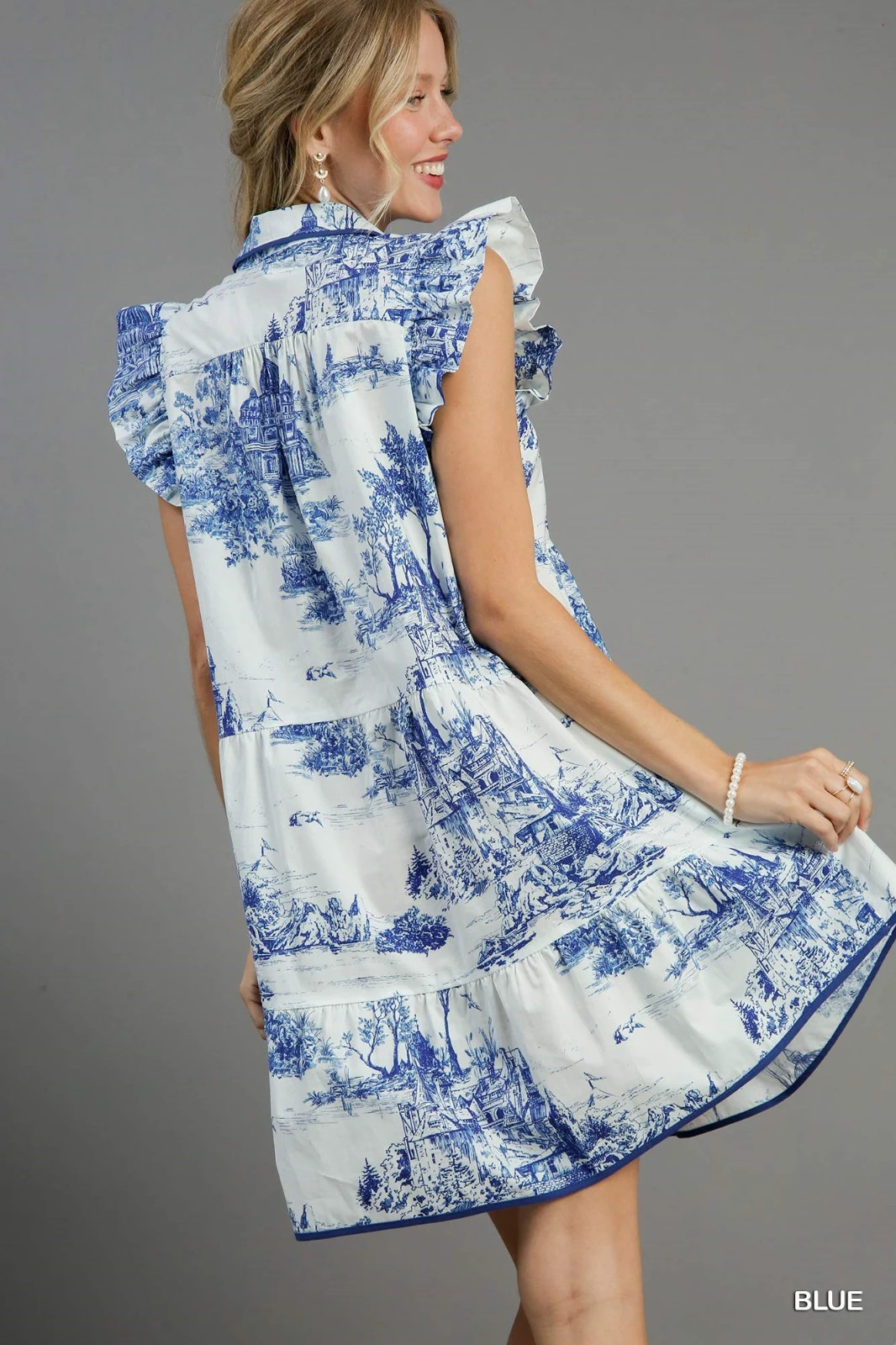 Blue Umgee Two Tone Landscape Print Mini Dress w/Ruffle Sleeves Contrast Piping
