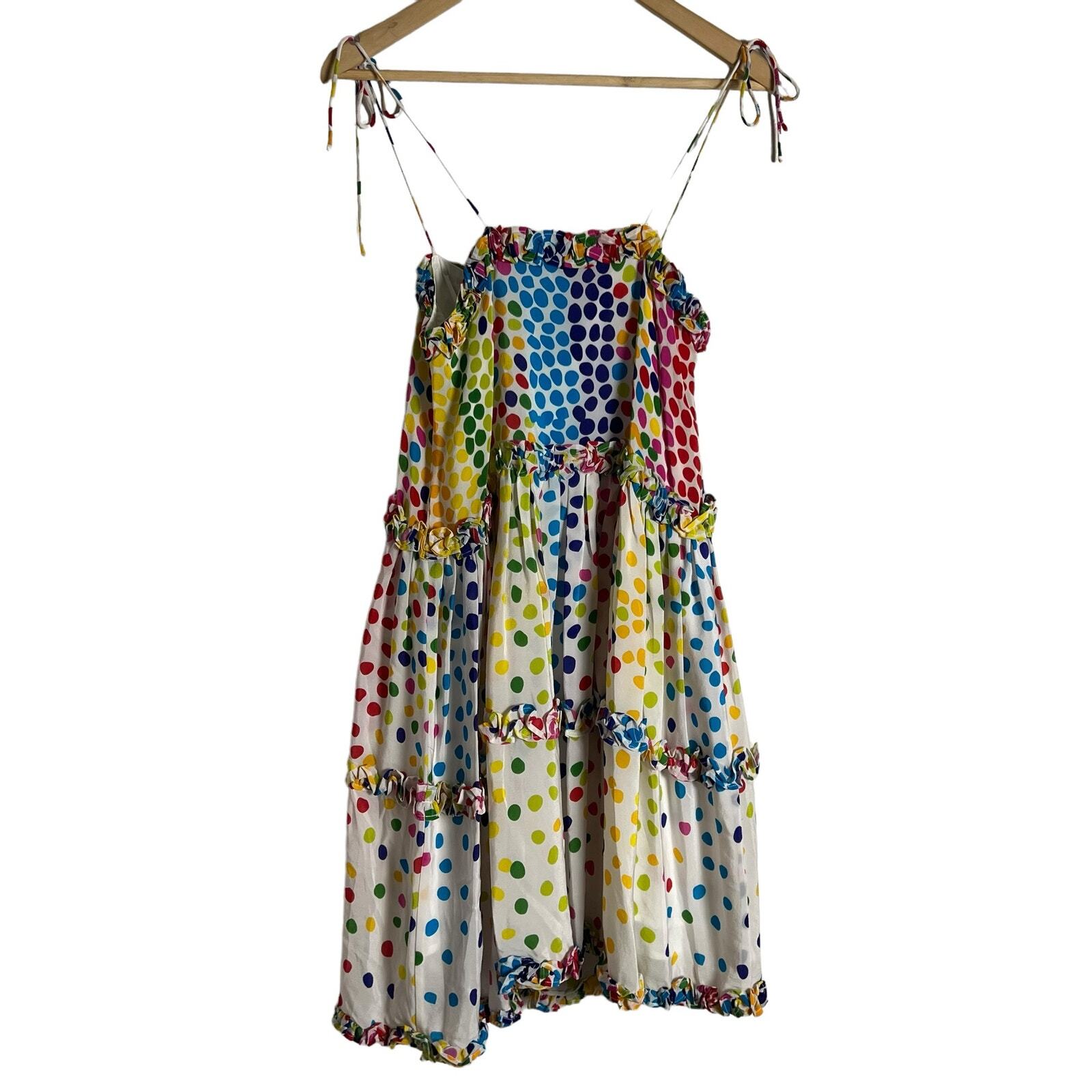 All Things Mochi Blessica Rainbow Polka Dot Print Tiered Silk Mini Dress Sz S