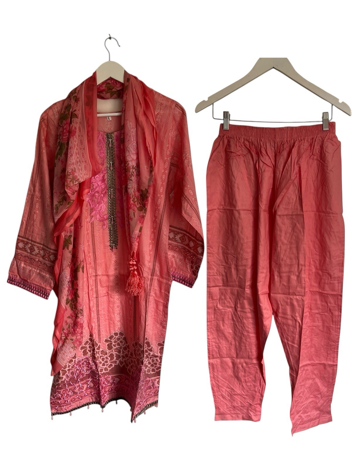 Maria B Kurta 3 Piece Set Dress Trousers Scarf Printed Lawn Neck Embroidered L
