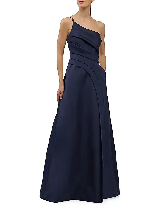Kay Unger Midnight Blue Jillian One-Shoulder Pleated Taffeta Gown Size 16 $348