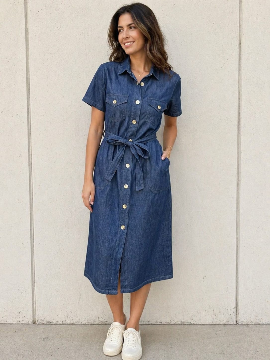 Millenium Womens short sleeve collared 4 pockets belted button down midi Dress