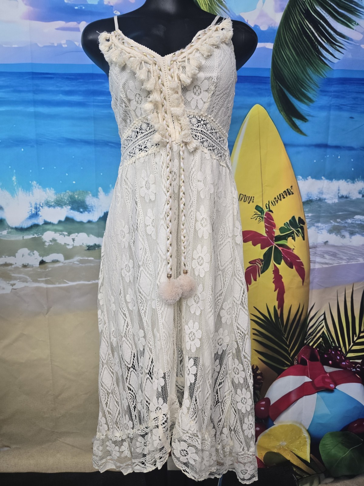 Nwt Cupshe Women’s Cream Lace Dress With Tassles Size XSmall