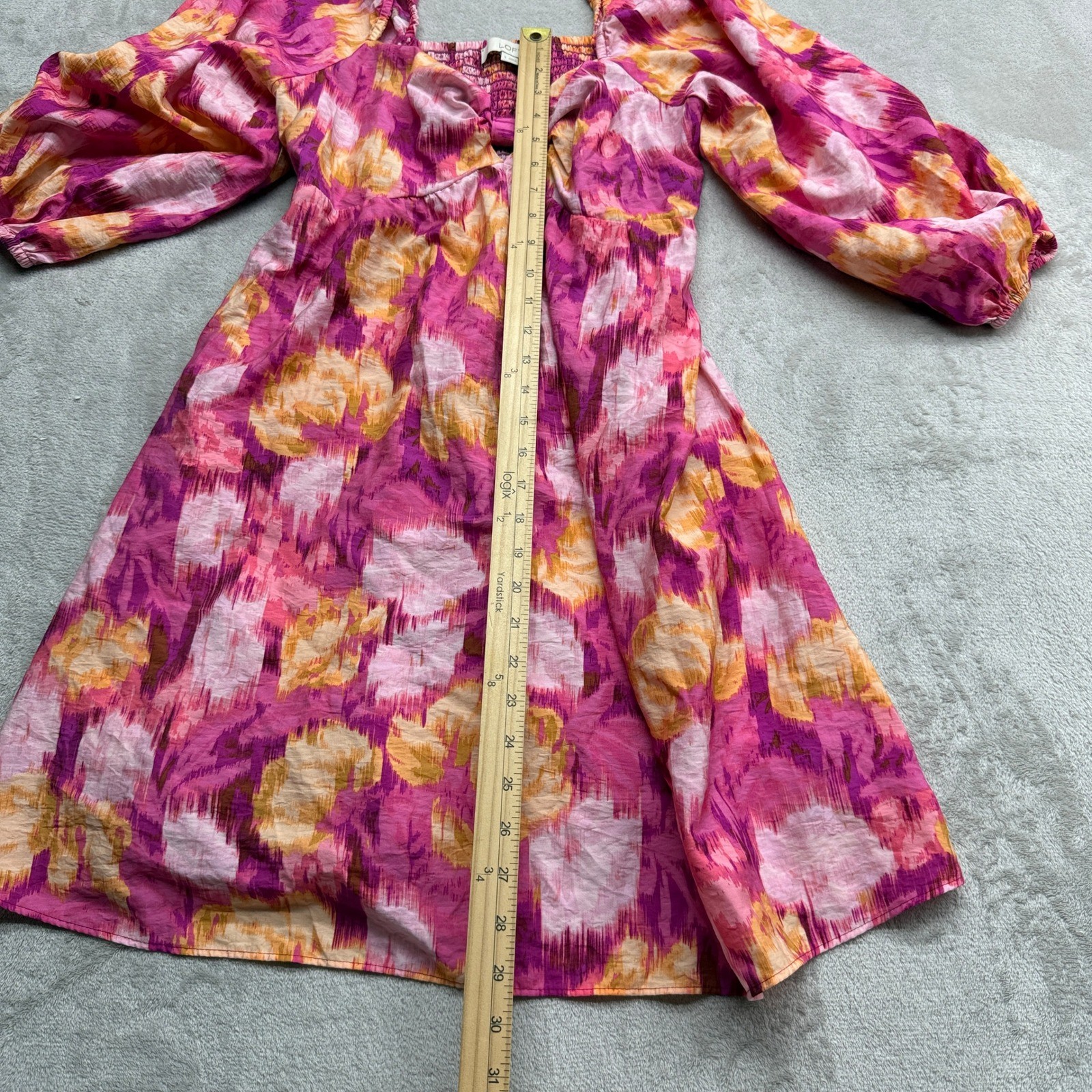 LOFT Dress Womens Small Pink Orange Floral Puff Sleeve Smocked Boho Cottagecore