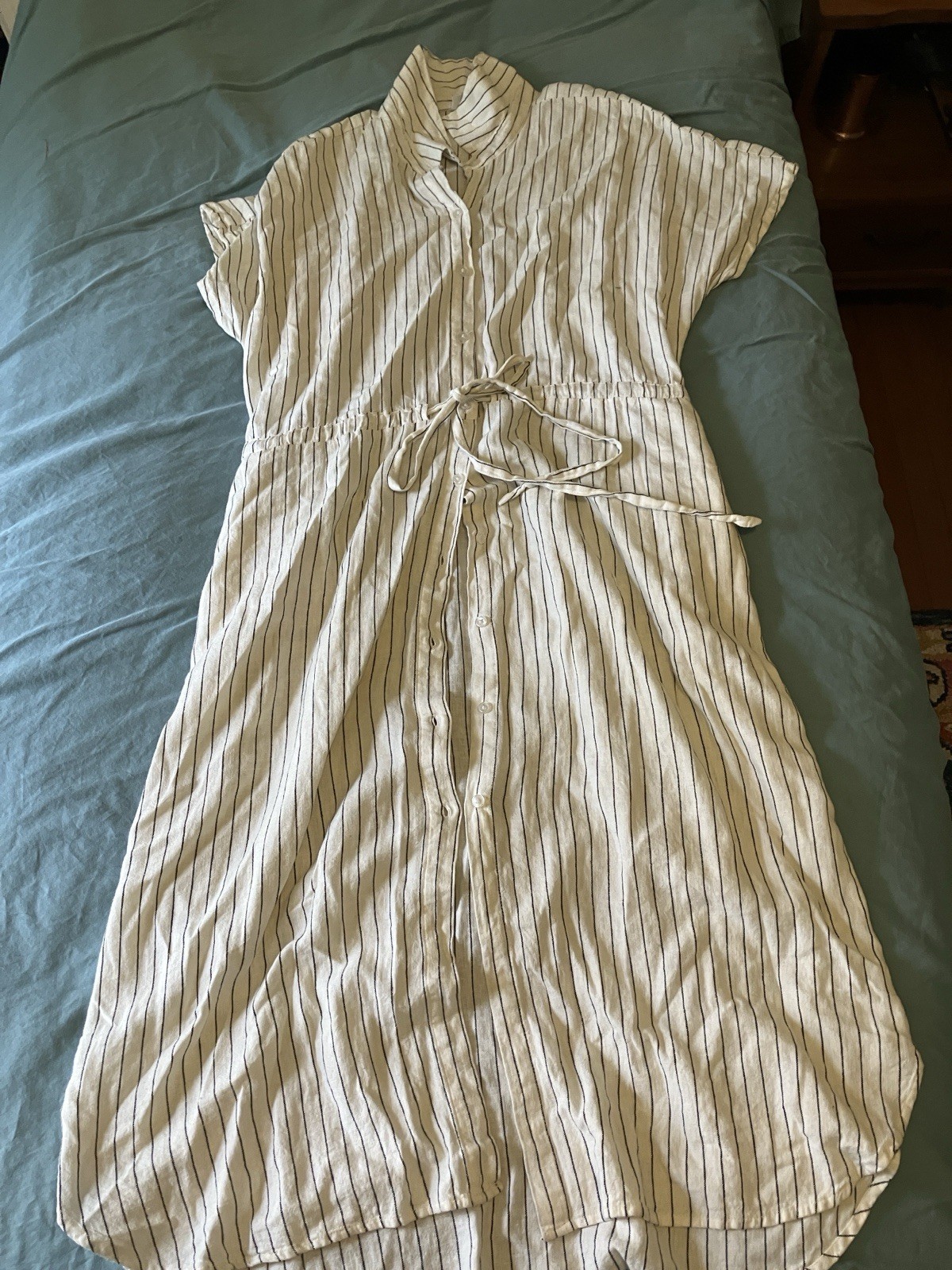 A New Day White/Black Striped Linen/Rayon Collared Belted Romper, Size L