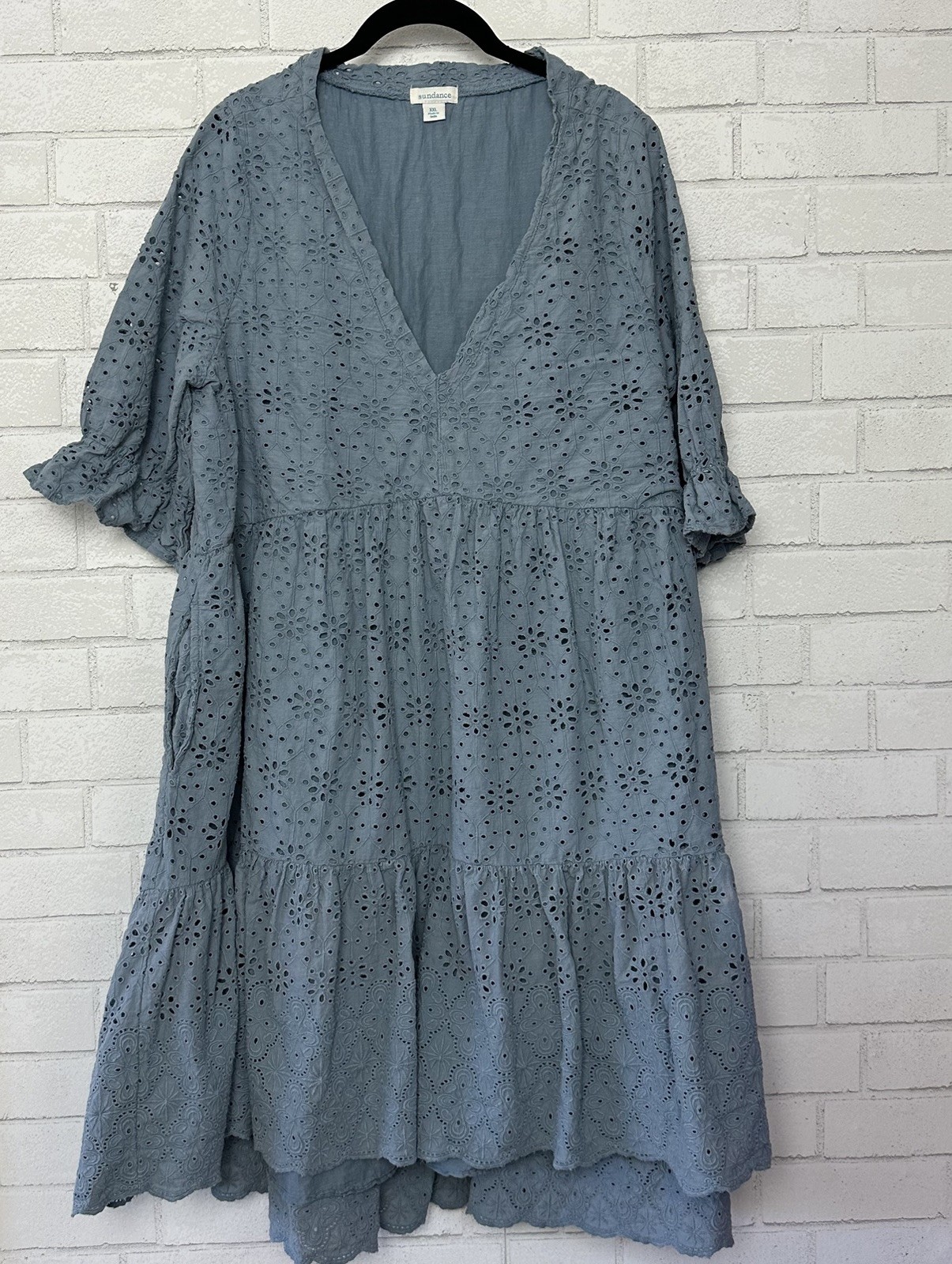 Sundance Blue Eyelet Dress Size XXL Half Sleeve Pockets Cottage Whimsical